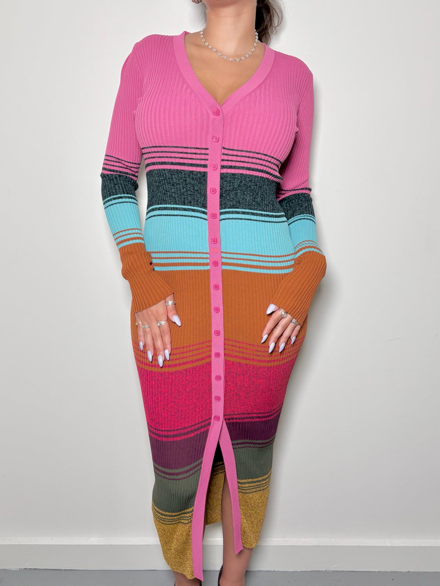 Women Size S Staud Pink, Turquoise, Black Stripe Viscose, Nylon, Elastane Dress