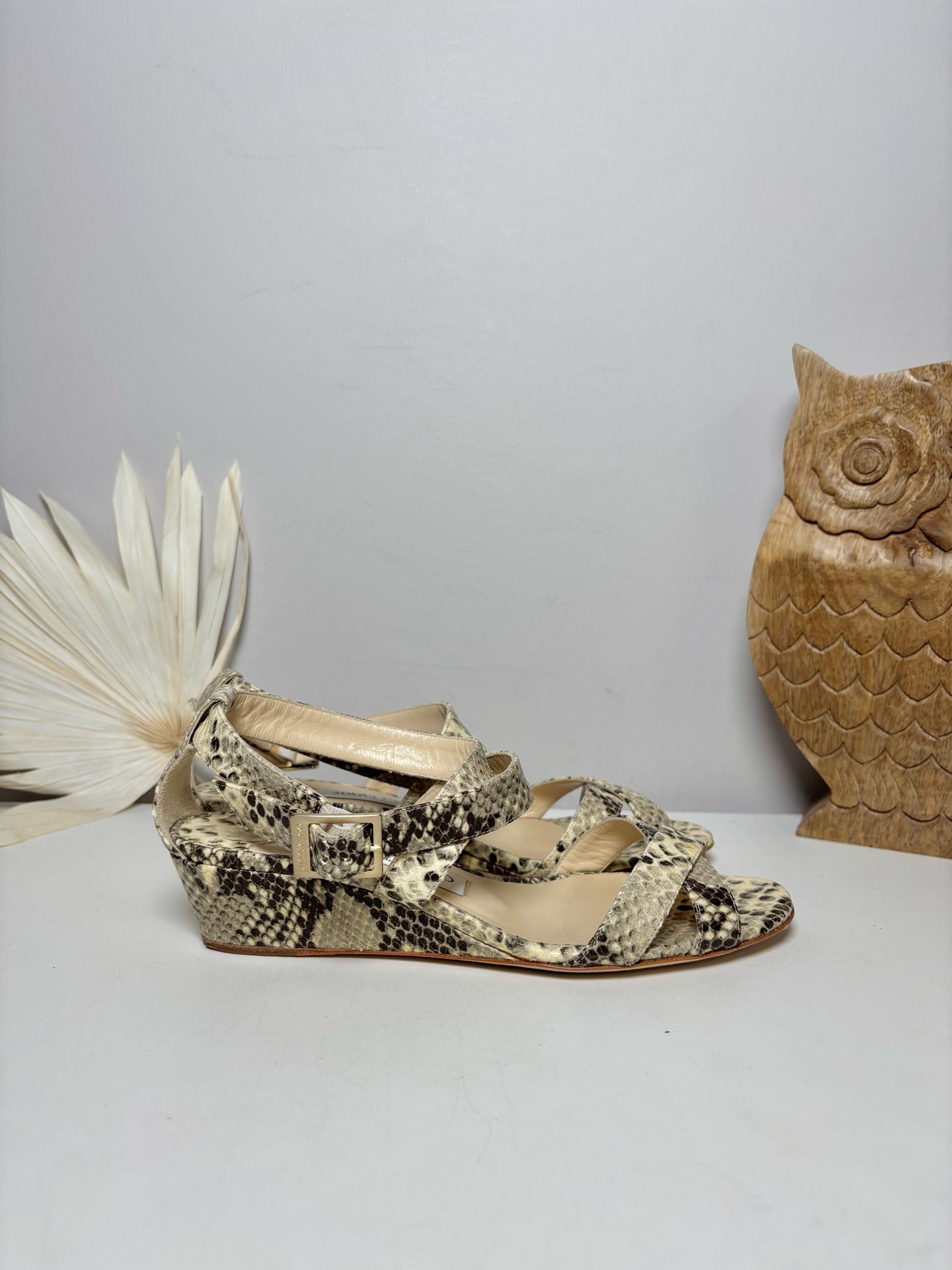 W Shoe Size 37 Jimmy Choo Brown, Cream Leather Snakeprint Sandals