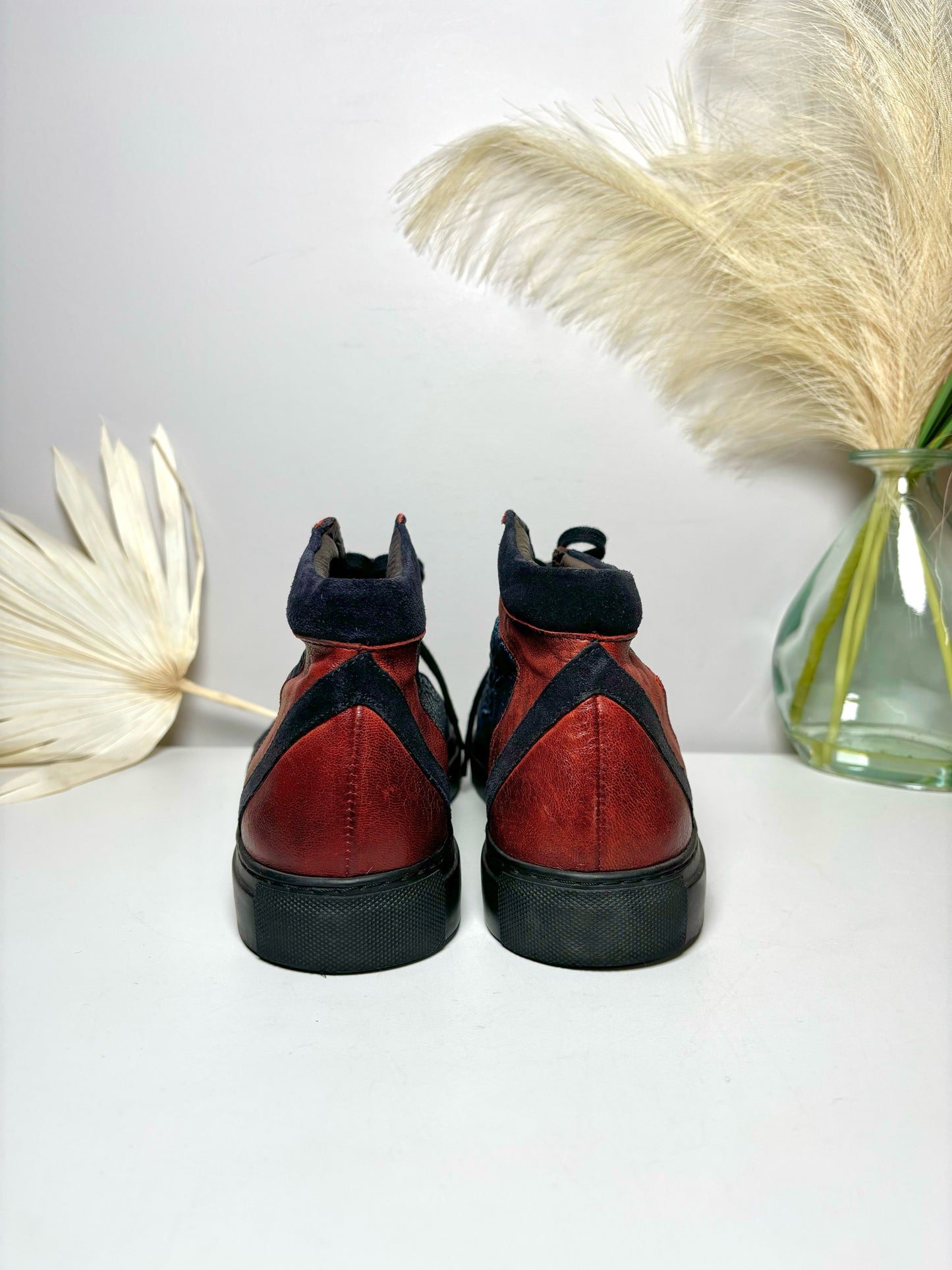 Bacco Bucci Red Leather, Blue Nylon Sz 12 Men's Tennis Shoes