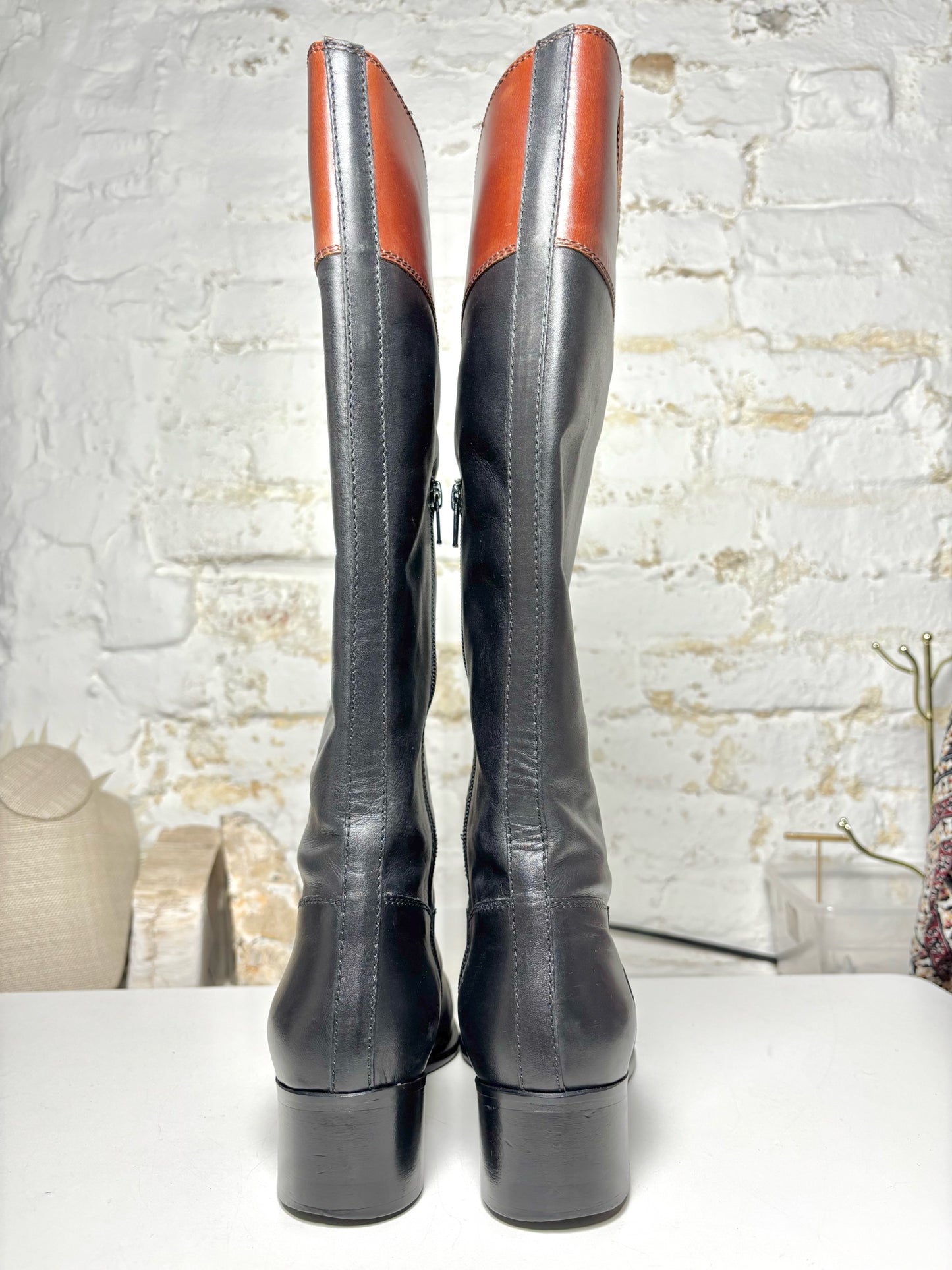 W Shoe Size 37 (6.5) Miu Miu Black, w/Brown Trim Leather Cowhide Boots