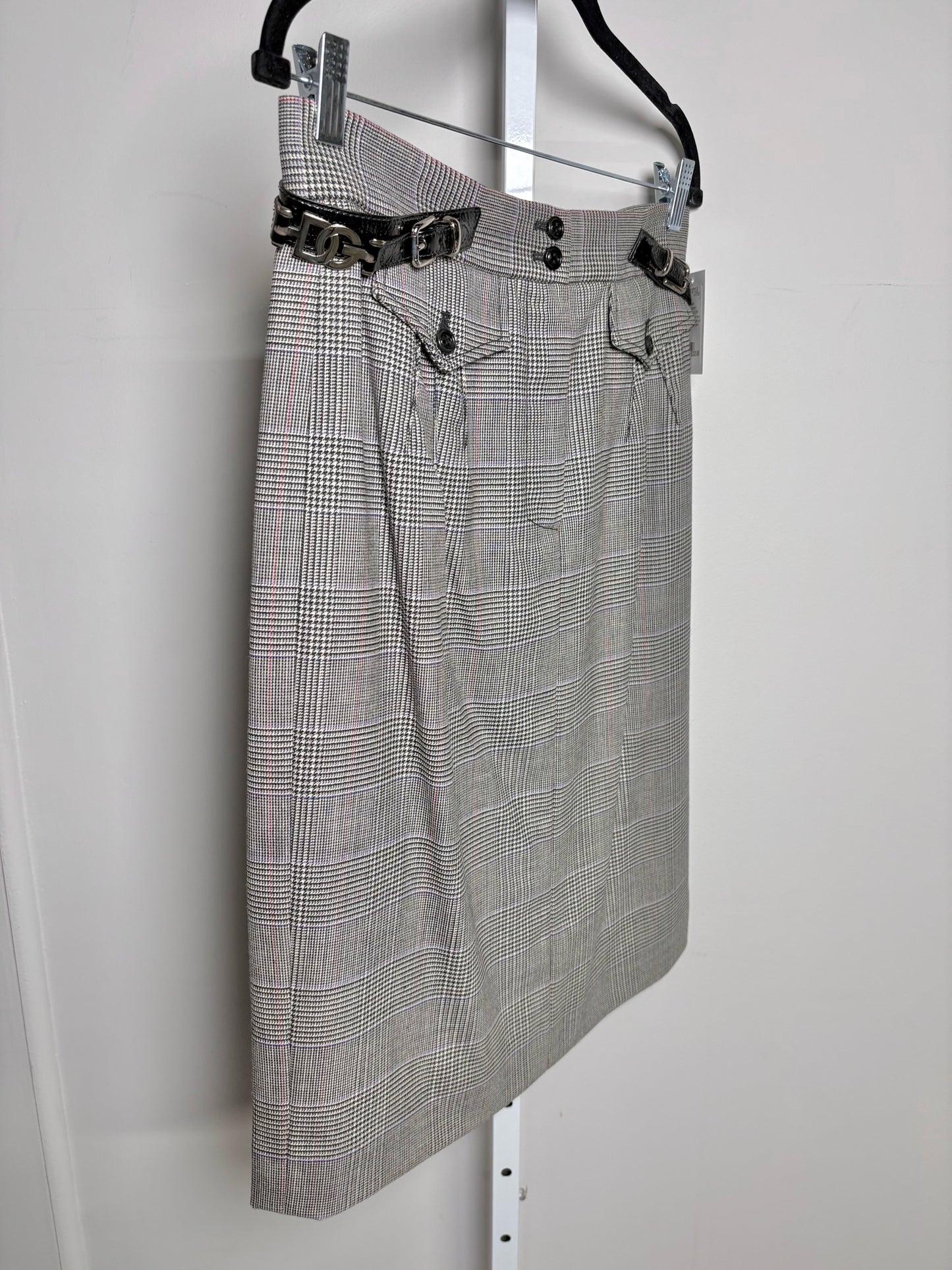 Dolce & Gabbana Gray Plaid Silver Logo Buckles Skirt