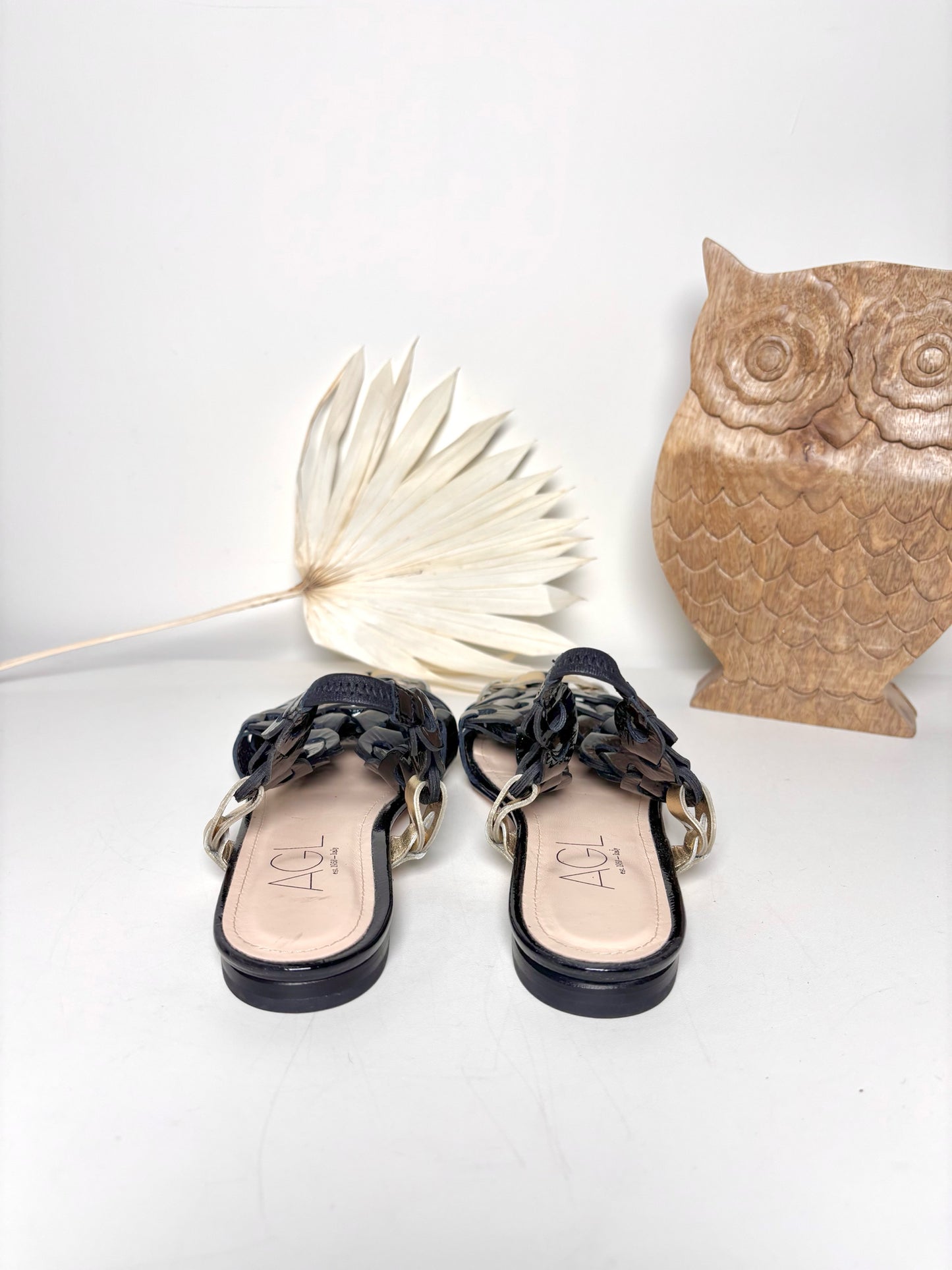 W Shoe Size 37.5 (7.5) AGL Black, Gold Leather Patent Sandals