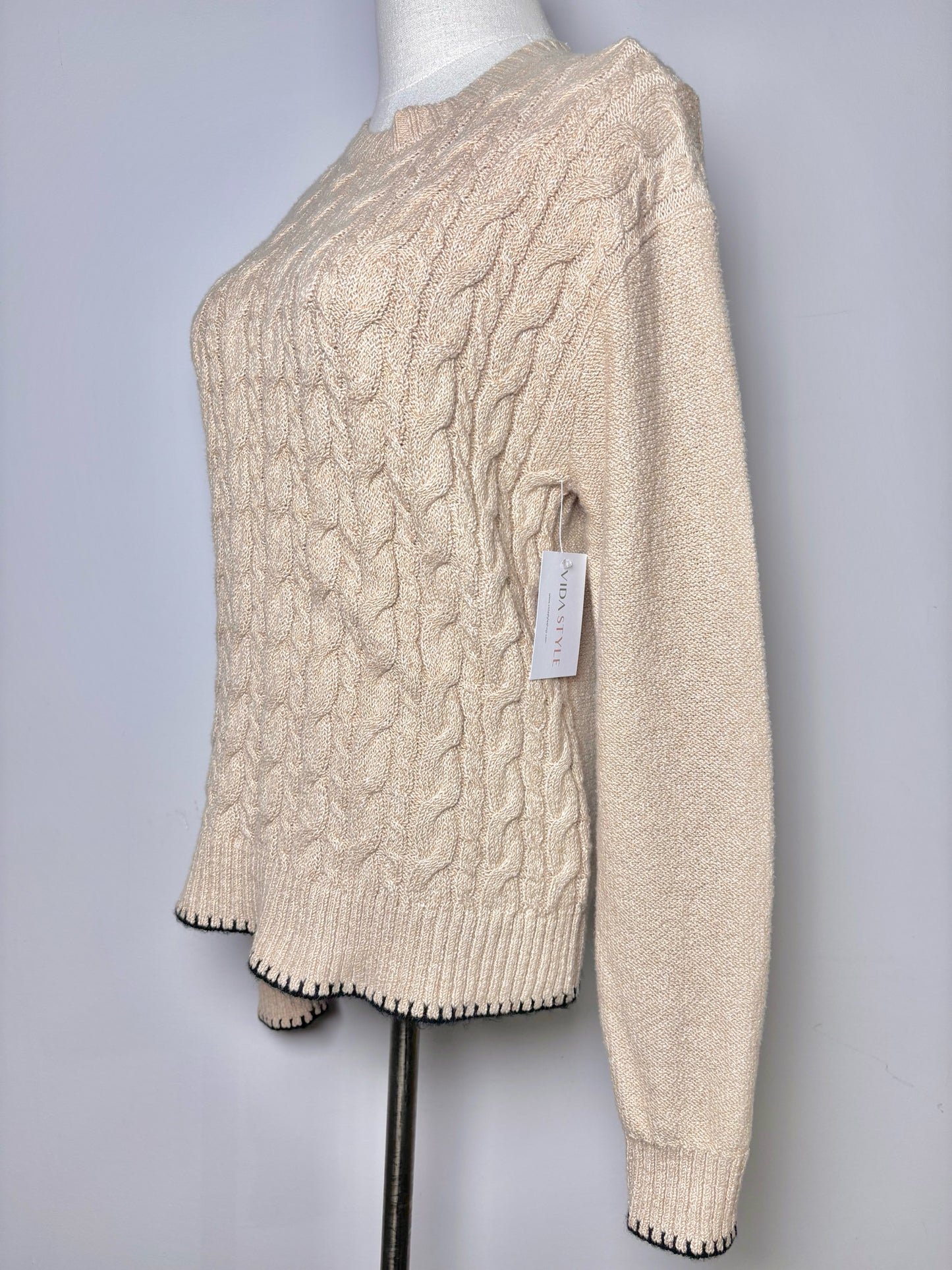 Women Size XS ATM Tan Solid Cotton Blend Cableknit NWT Sweater
