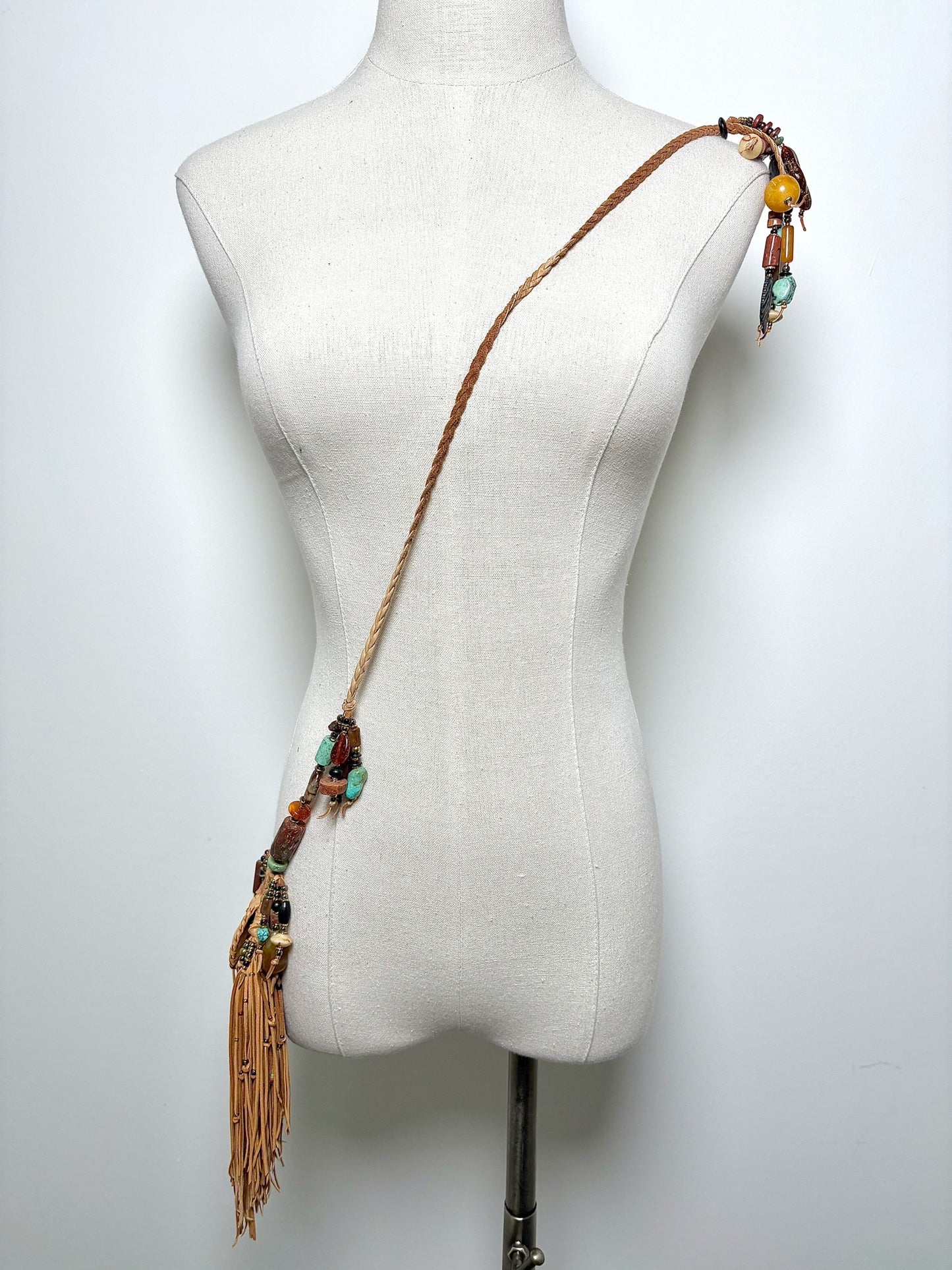 No Label Native American Leather, Camel Fringe, Turquoise, Jasper Purse