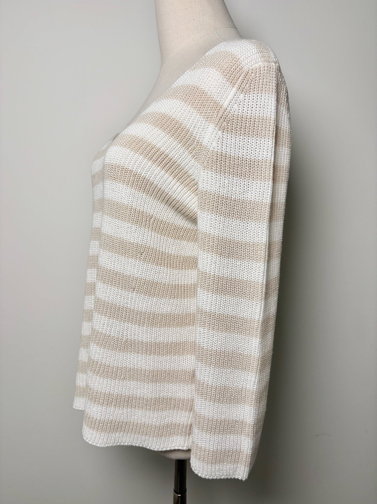 Women Size 6 Amina Rubinacci Khaki, Cream Stripe Cotton Sweater