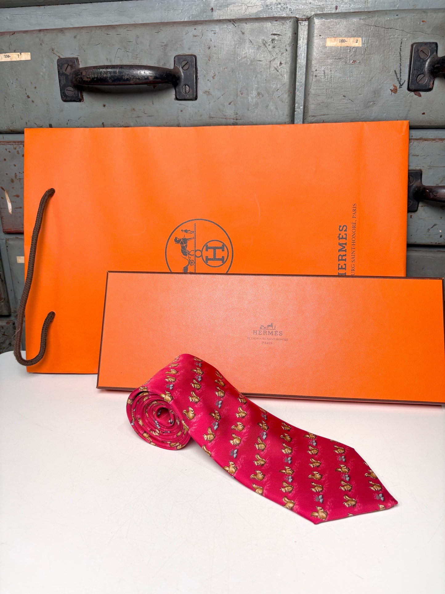 Hermes Red 100% Silk Squirrels Men's Tie