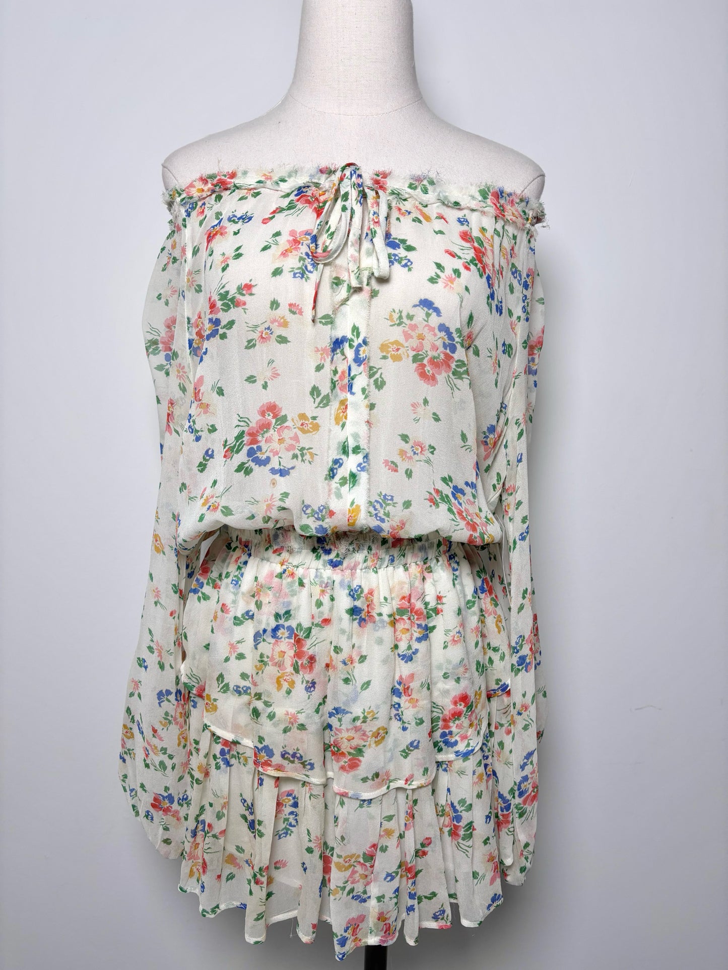 Women Size XS LoveShackFancy Cream, green, blue, red, yellow Floral Silk Dress