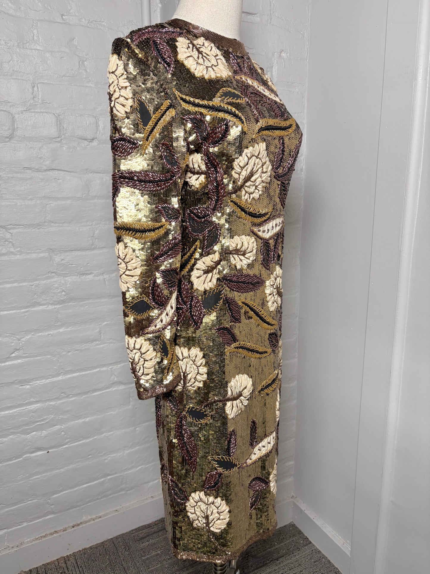 Women Size XS I. Magnin Gold Multi-Beads Vintage Dress