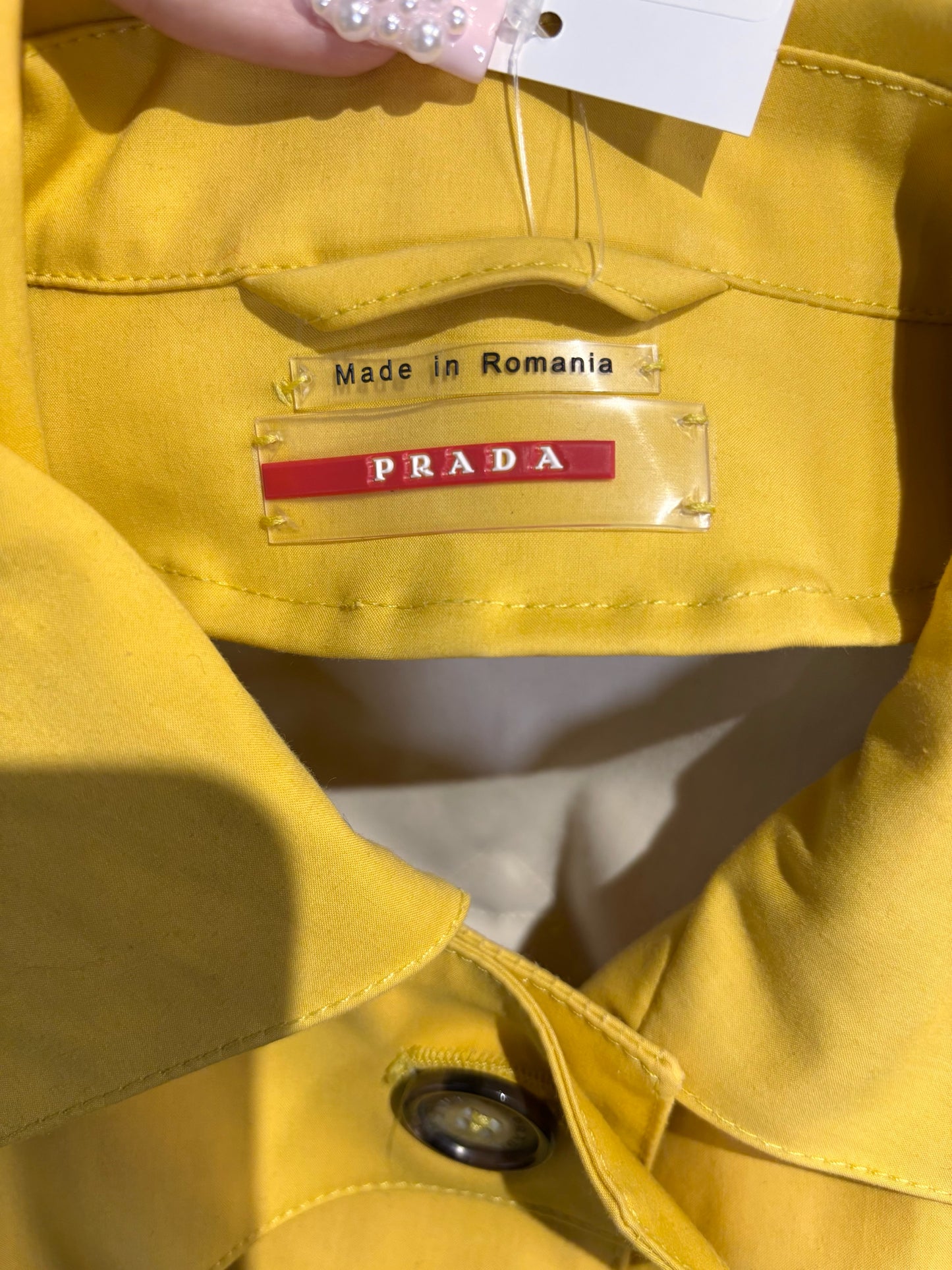 Women Size 40 (0 - 4 US) Prada Yellow Solid Cotton, Leather Trim Coat