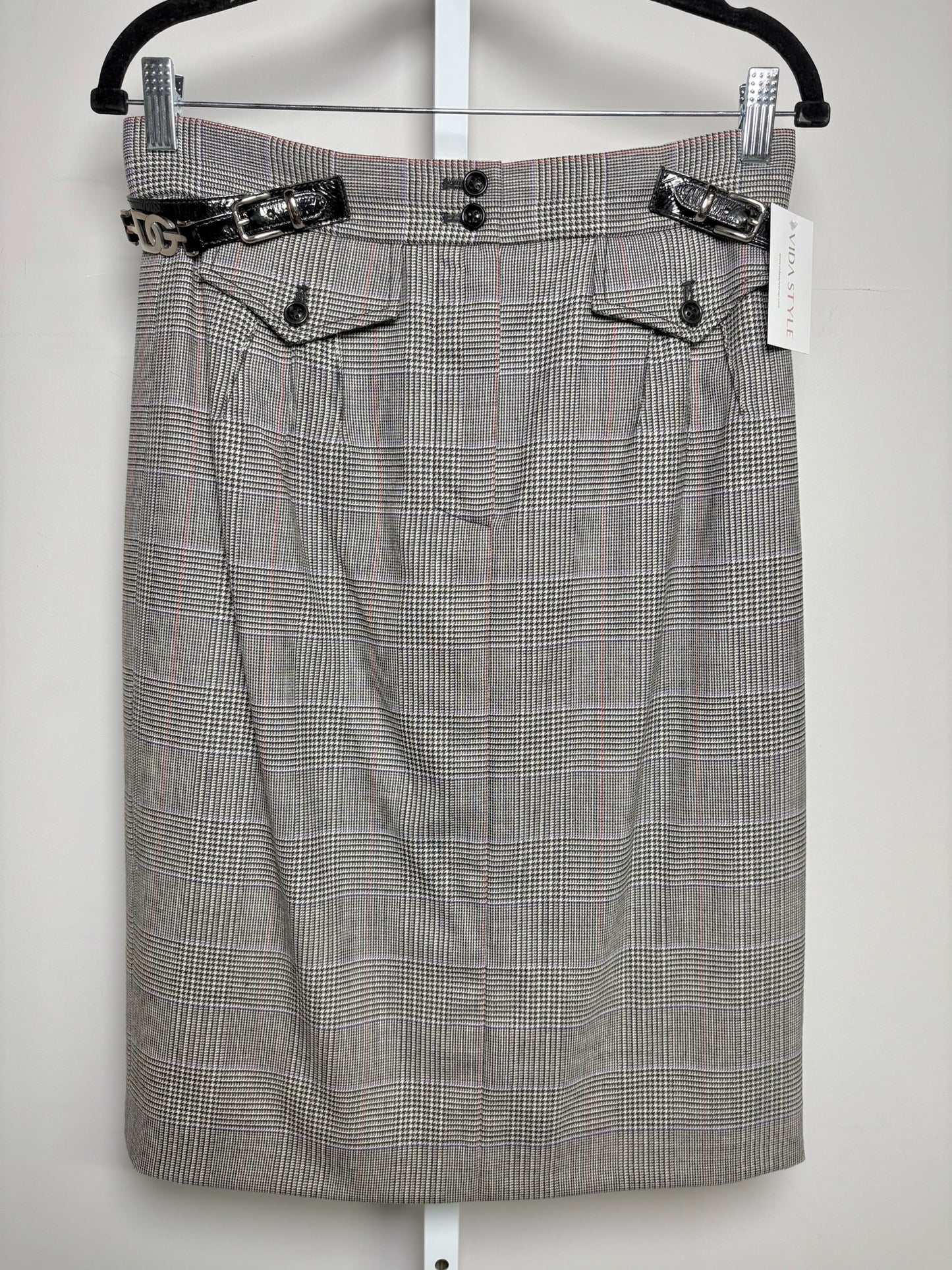 Dolce & Gabbana Gray Plaid Silver Logo Buckles Skirt