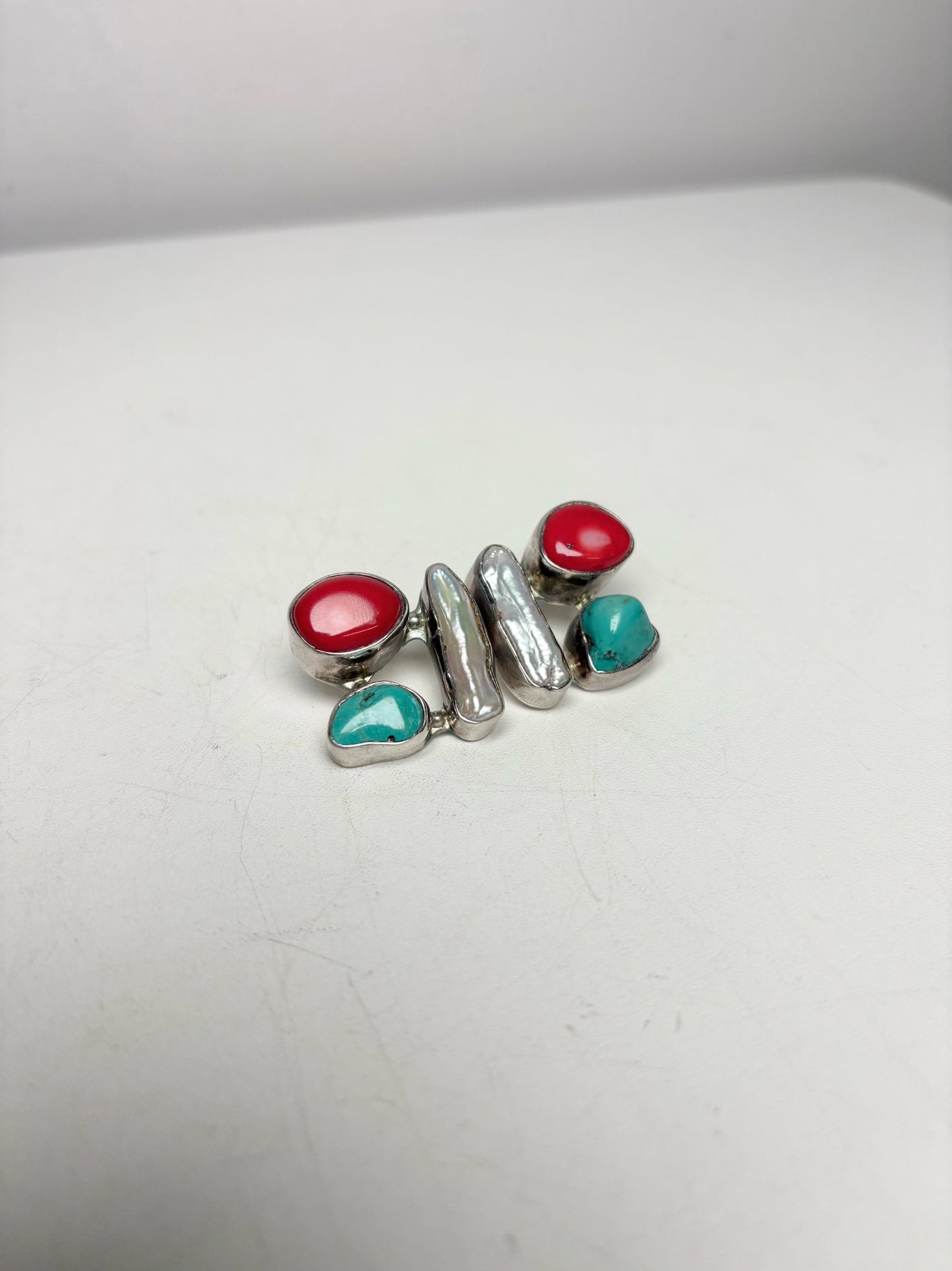 Pre-owned Baroque Pearl, Red Coral, Turquoise Statement Post Earrings