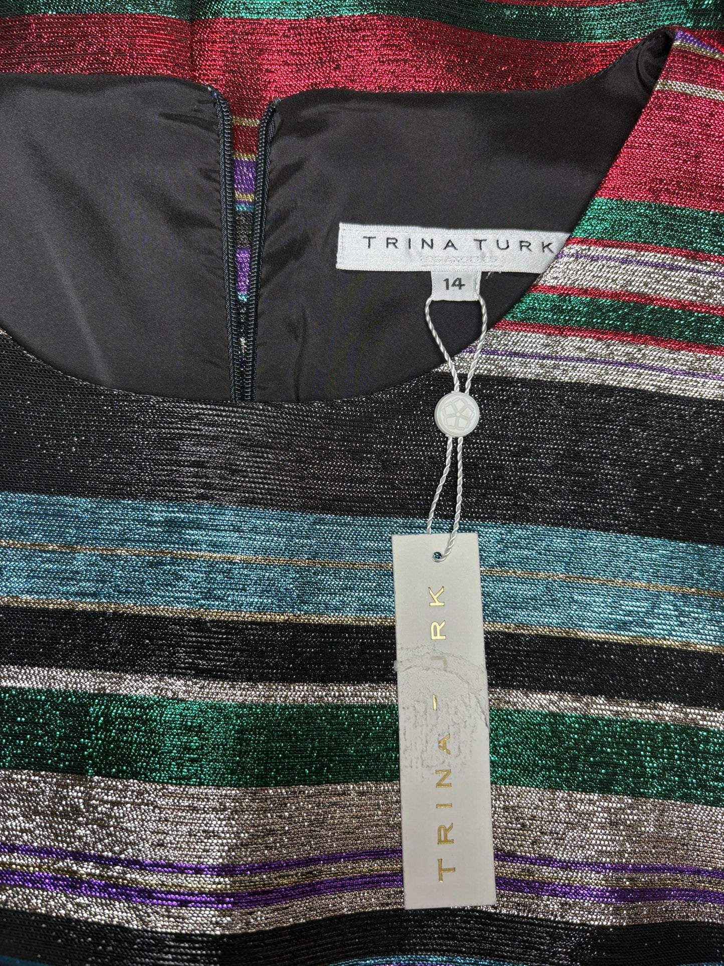 Women Size 14 Trina Turk Multi-Color Striped, Metallic NWT Dress