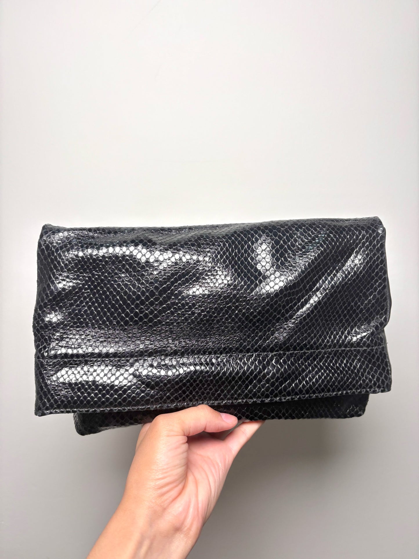 Gigi New York Python Embossed Leather Black Cowhide Clutch Purse