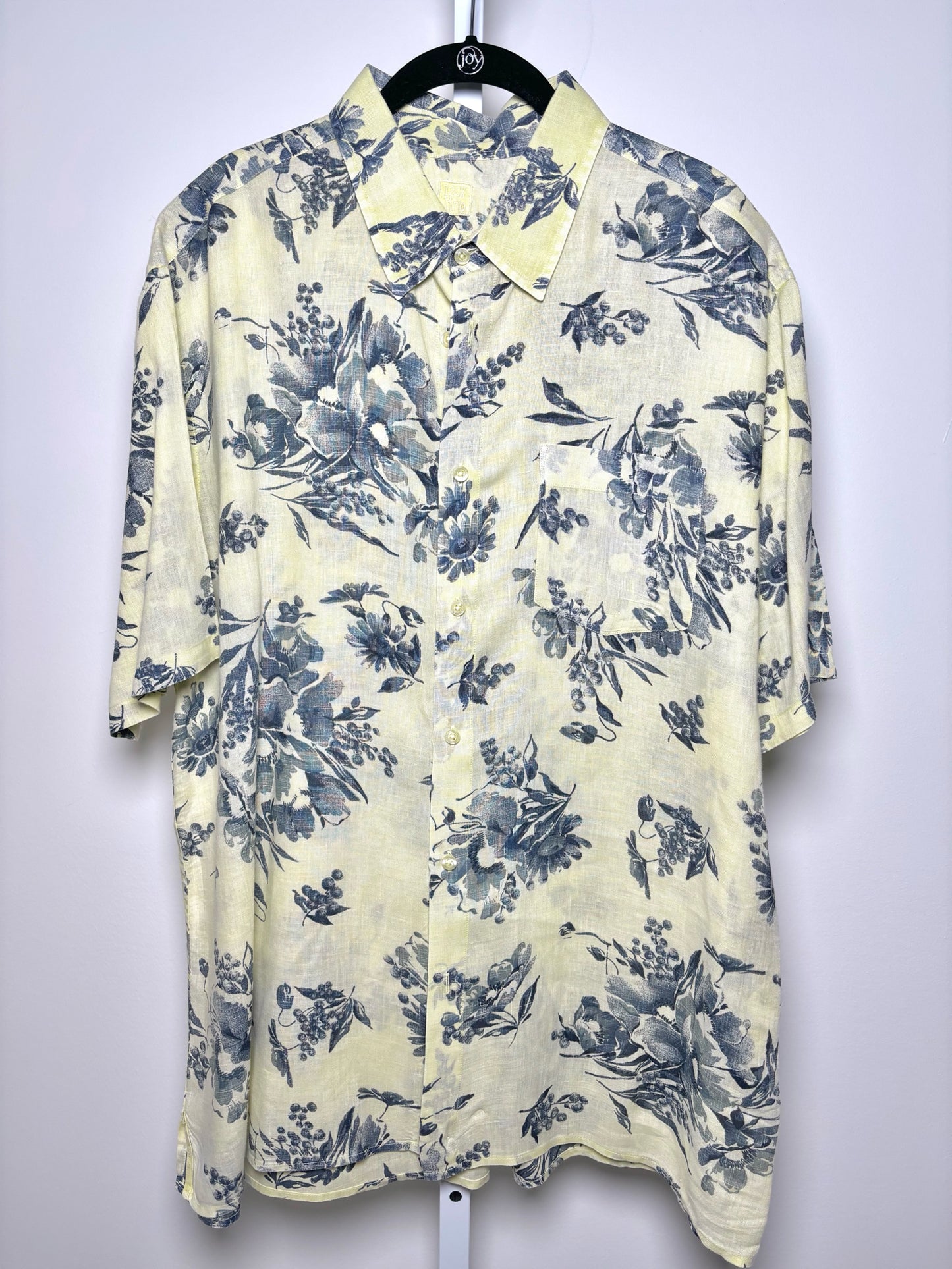 Mens Size XL 120% Lino Yellow, Blue Linen Fruit/Floral Men's Shirt