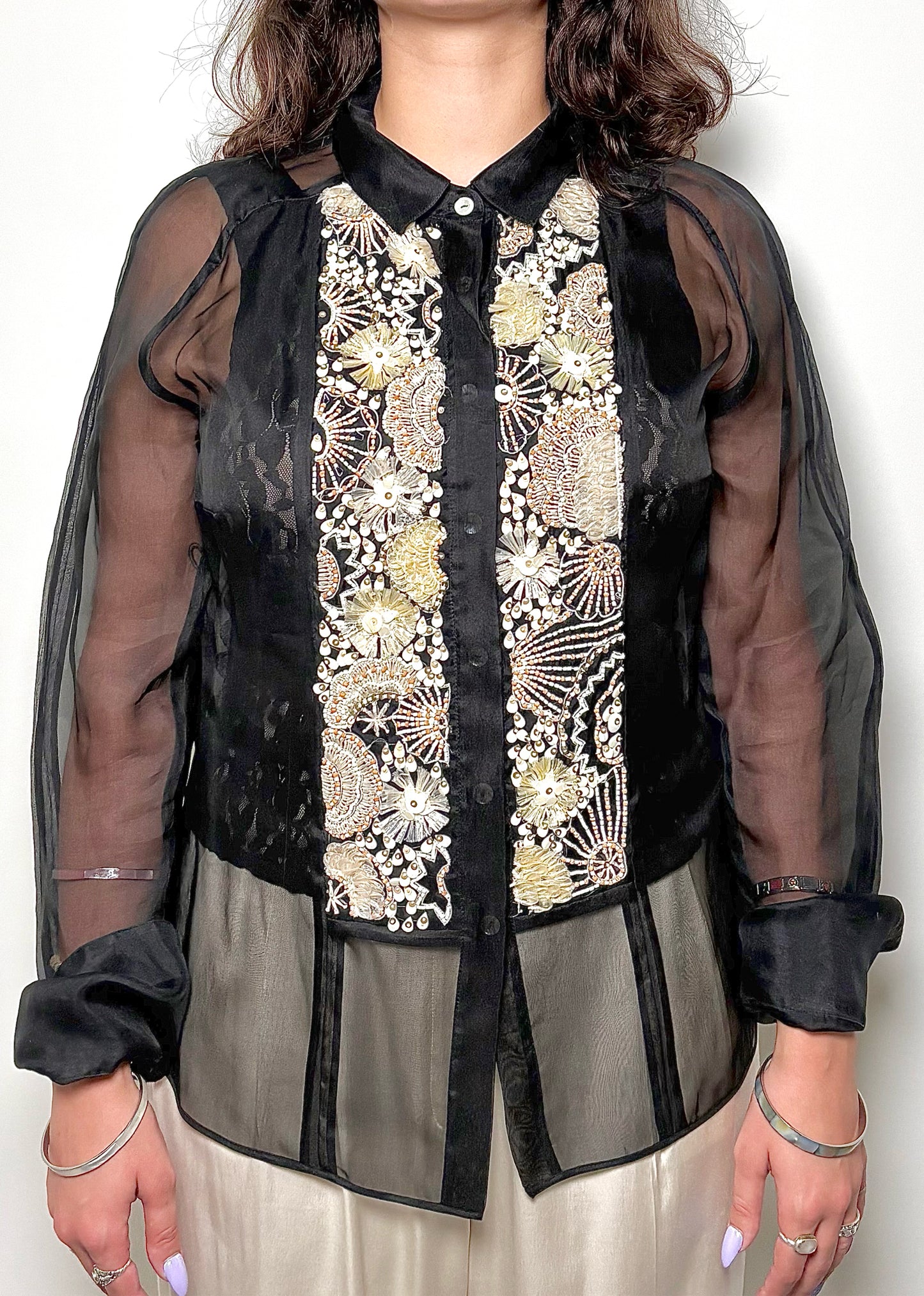 Women Size M Dennis Basso Black Seashells Detail, Sheer LS Button-down Blouse