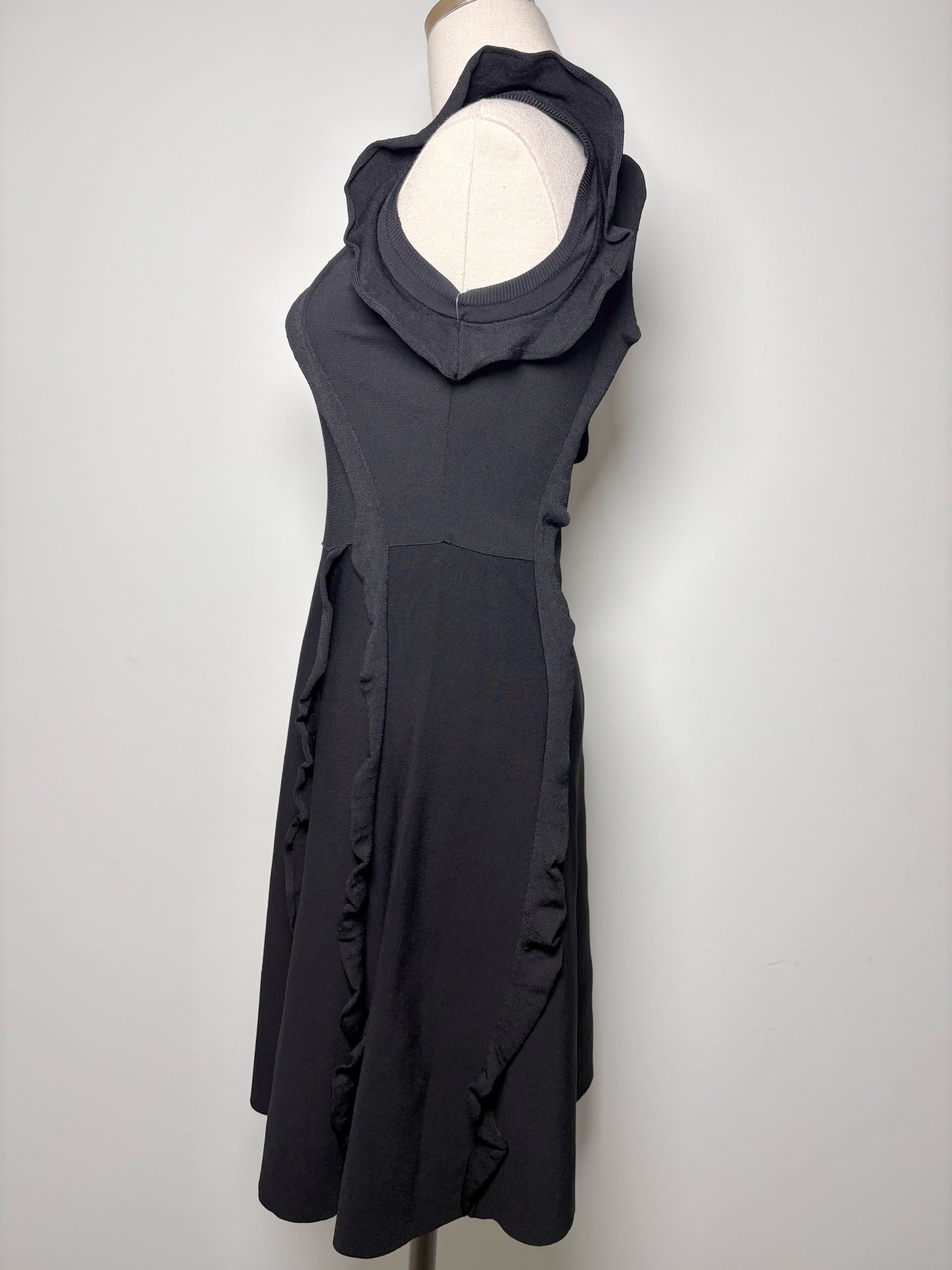 Women Size S Valentino Spa Black, Stretch Knit, Ruffles Sleeves Midi Dress