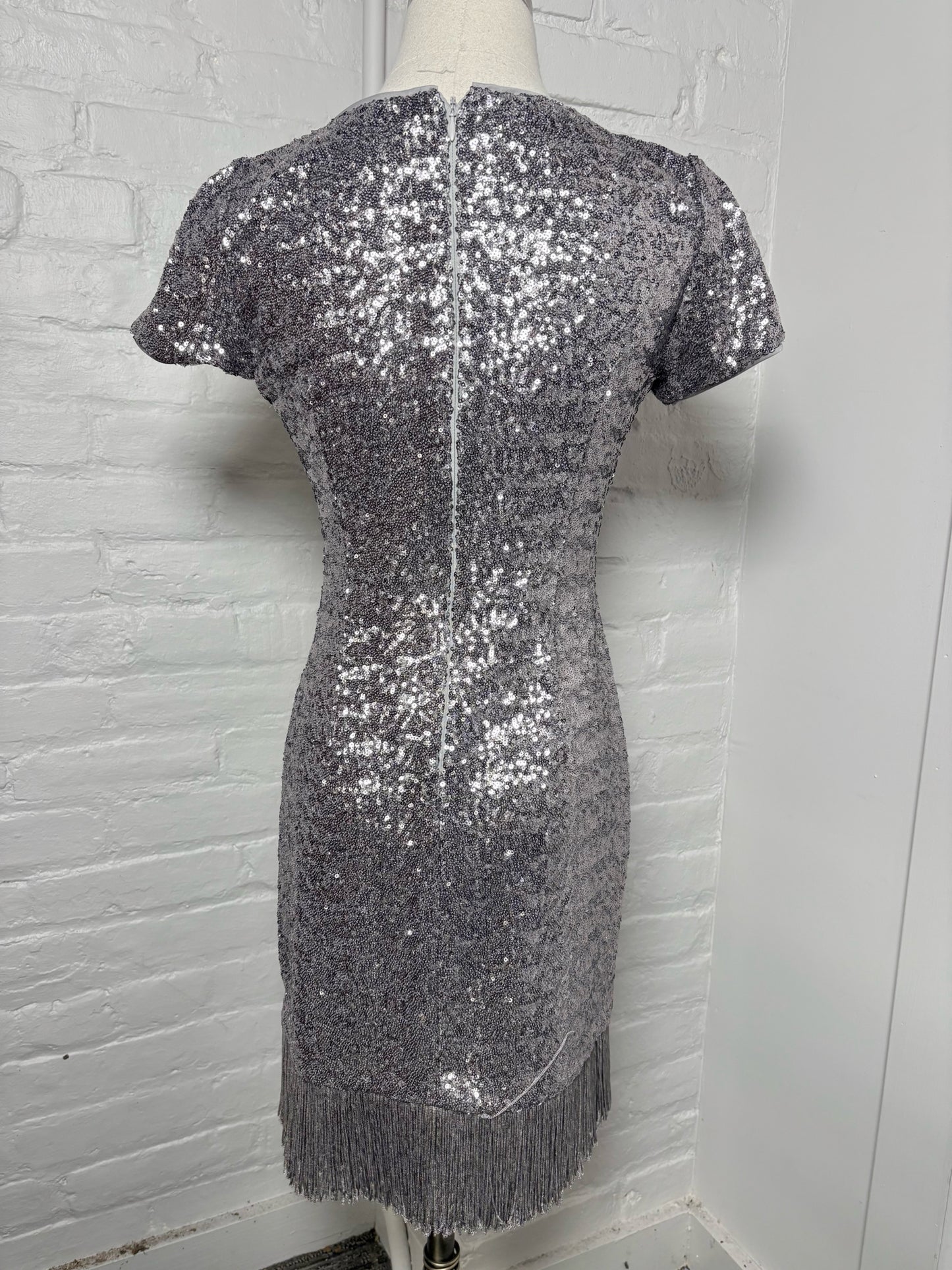 Women Size 4 Aqua Dresses Silver Sequins Fringe Hemline Sheath Dress