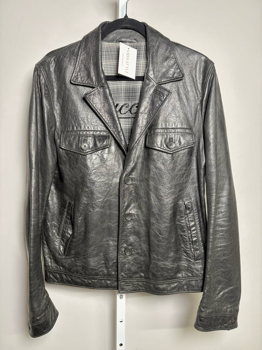 Gucci Black Leather Solid Men's 48 Button Down Plaid Lining Jacket