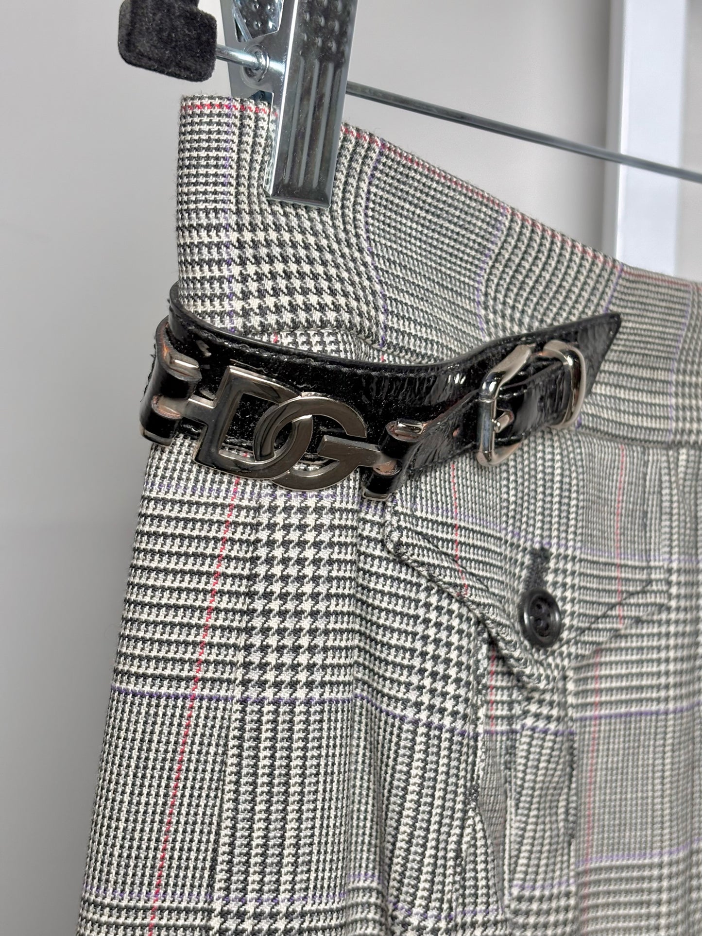 Dolce & Gabbana Gray Plaid Silver Logo Buckles Skirt