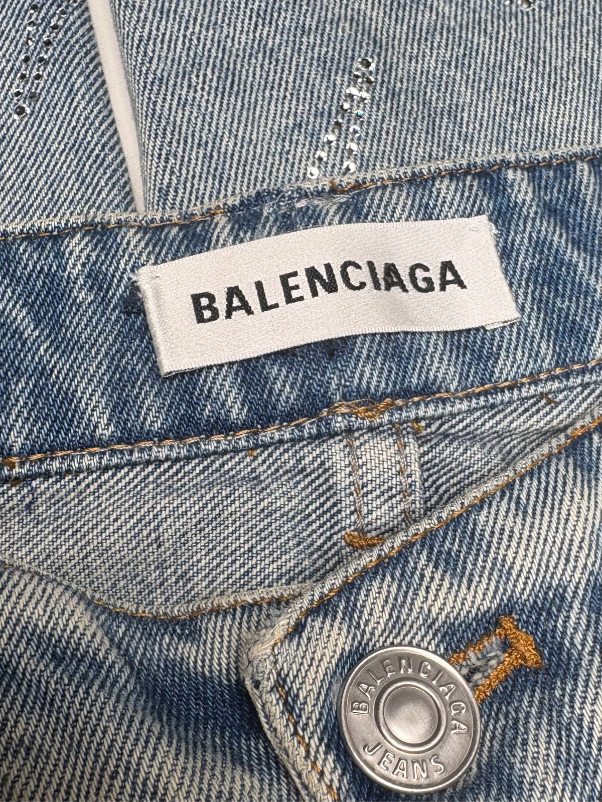 Women Size 27 Authentic Balenciaga Blue Denim Crystal Eiffel Tower Pre-Owned Straight-Leg Jeans