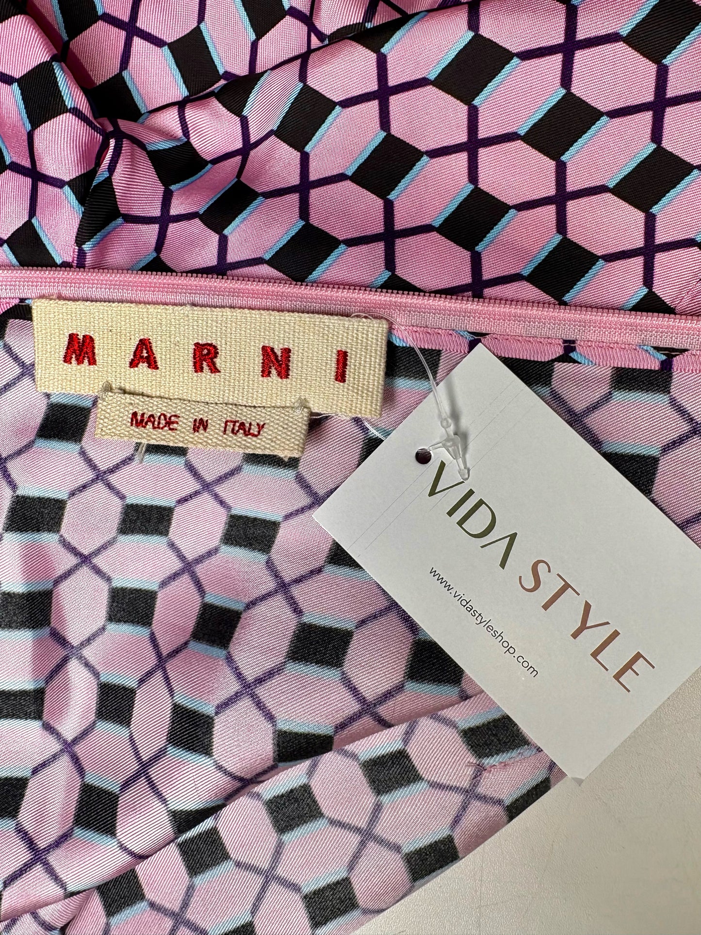 Women Size 8 (M) Marni Pink, Black Print Drop Waist Pre-owned Dress