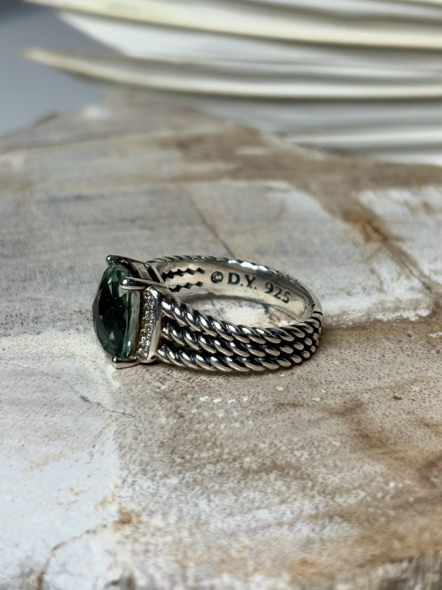 David Yurman Petite Wheaton Prasiolote, Pave' Diamonds Sz 6.5 Ring