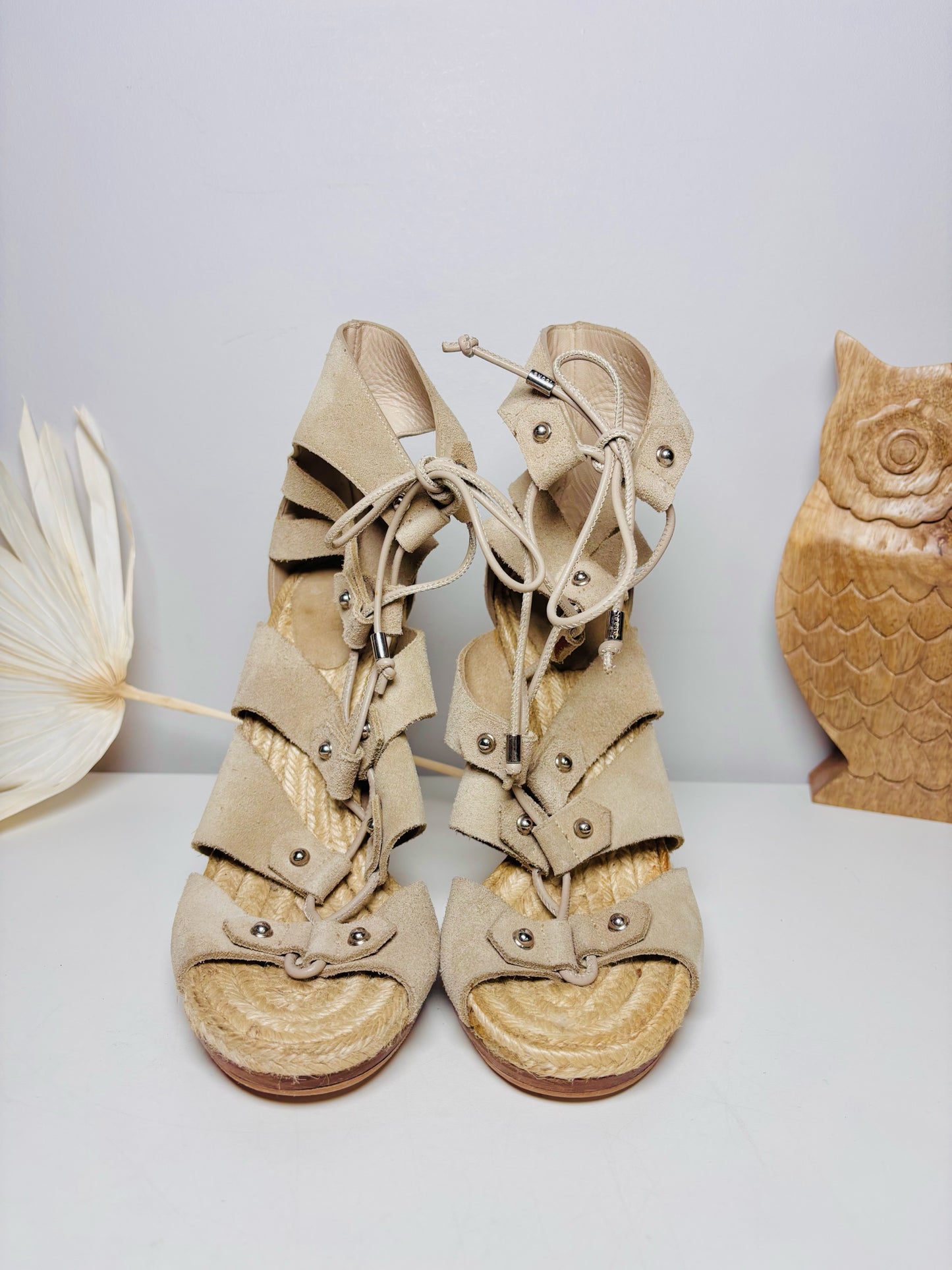 W Shoe Size 40 (9.5, US) Gucci Khaki Leather Suede Jasmine Lace Espadrille Heels