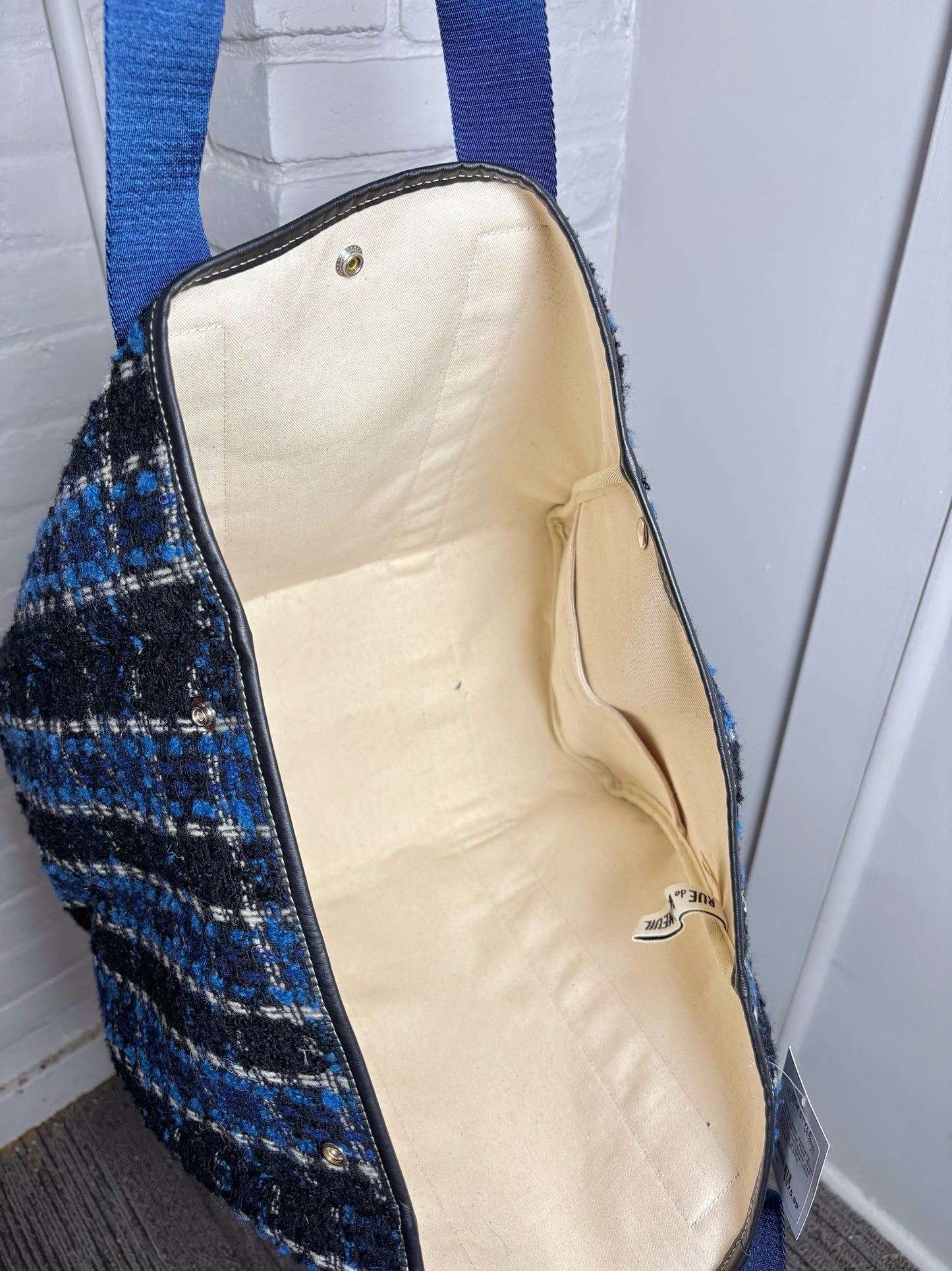 Rue de Verneuil Plaid Wool Pre-owned Blue, Black, Cream Purse