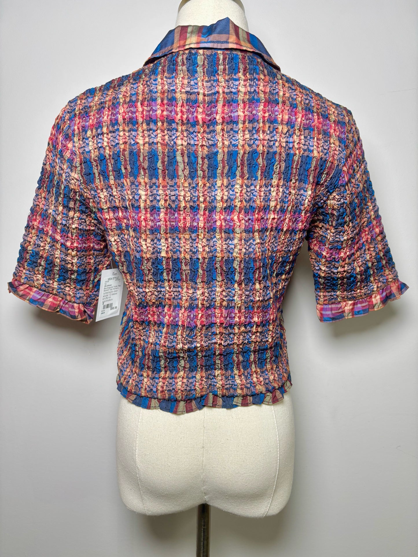 Women Size 8 Ulla Johnson Blue, Burgundy, Purple Plaid Ruched Jules Crop Top