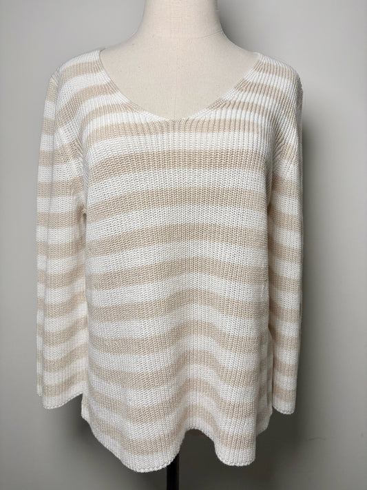 Women Size 6 Amina Rubinacci Khaki, Cream Stripe Cotton Sweater