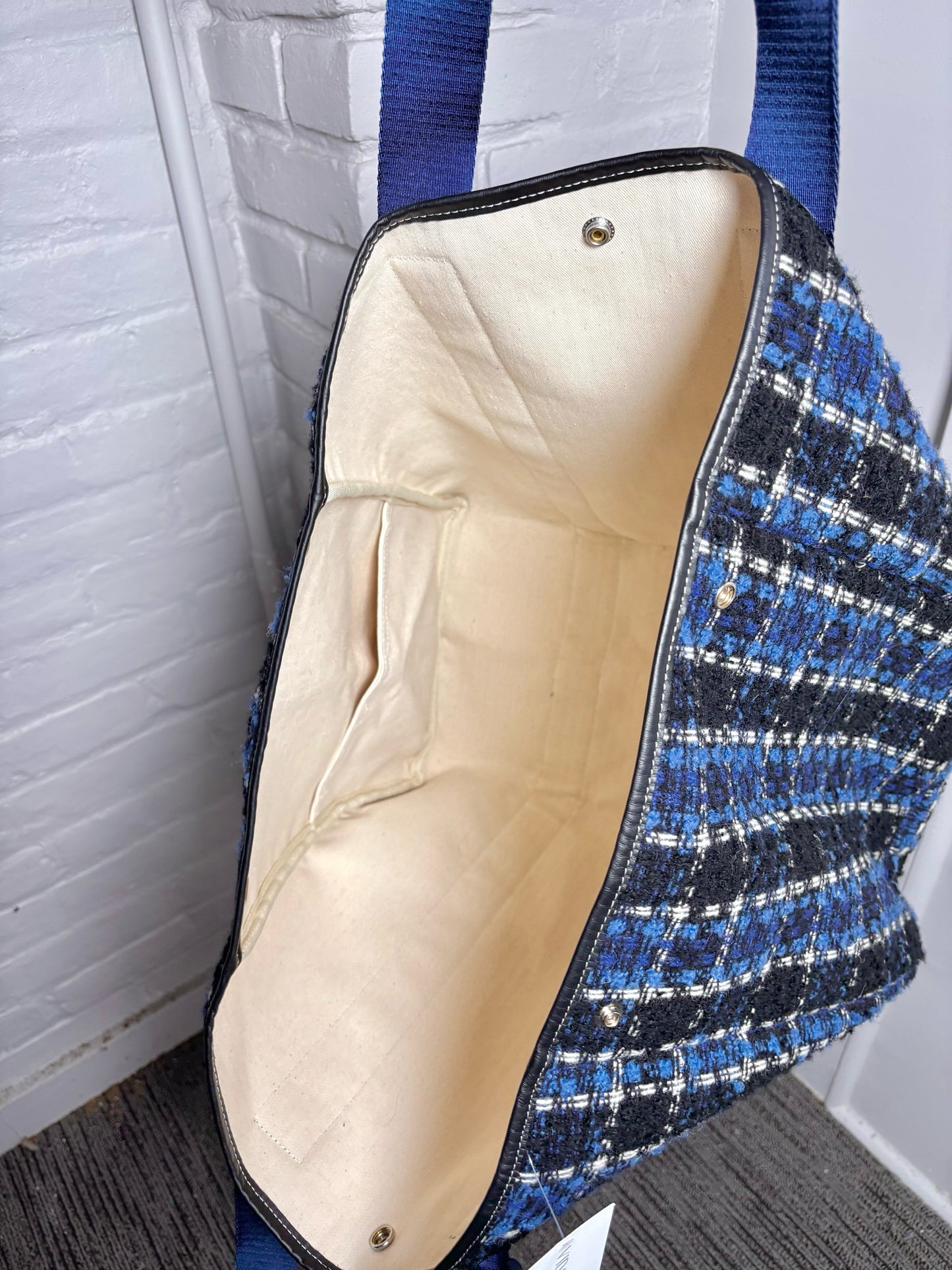 Rue de Verneuil Plaid Wool Pre-owned Blue, Black, Cream Purse