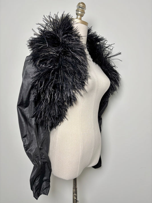 Women Size S Nina Ricci Black Silk Taffeta Dot Feathers Vintage Bolero Jacket