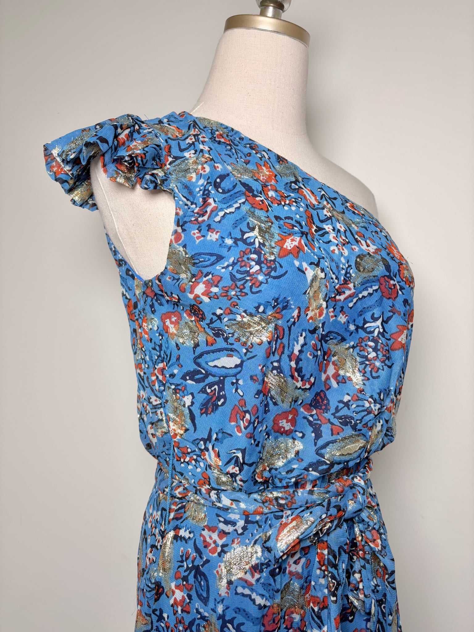 Women Size M Karina Grimaldi Blue, gold, orange Metallic Dress Women Size M Karina Grimaldi Blue, gold, orange Metallic Dress