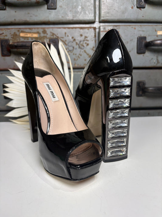 W Shoe Size 37.5 (7 US) Miu Miu Black Leather Patent Heels