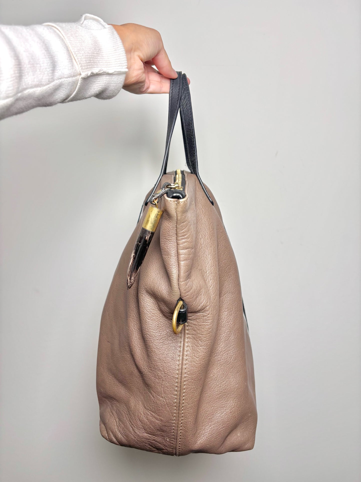 Kempton Solid w/Racer Stripe Leather Taupe Tote Purse