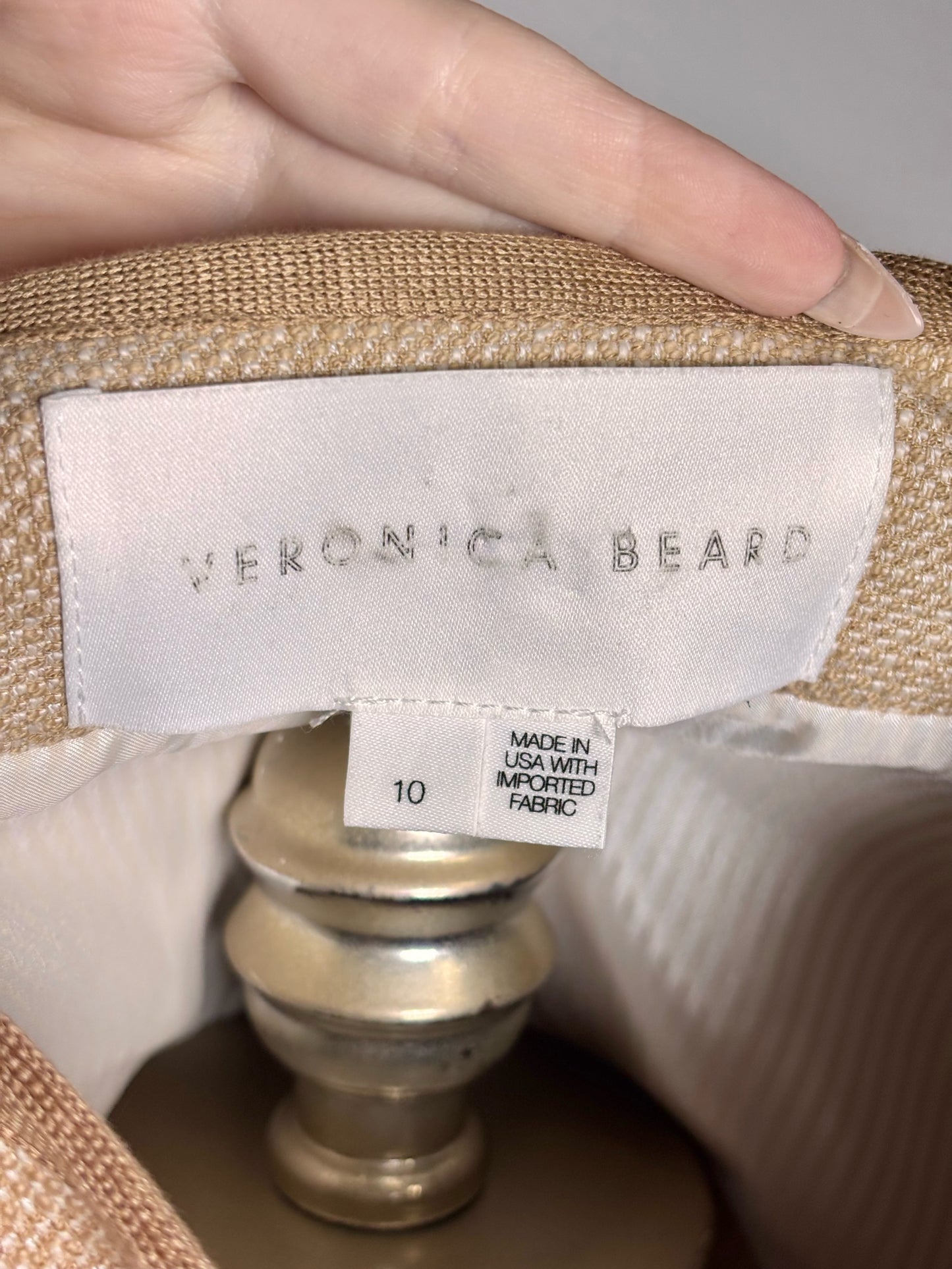 Women Size 10 Veronica Beard Tan Tweed Cotton Blend Brown Piping Jacket Pre-Owned