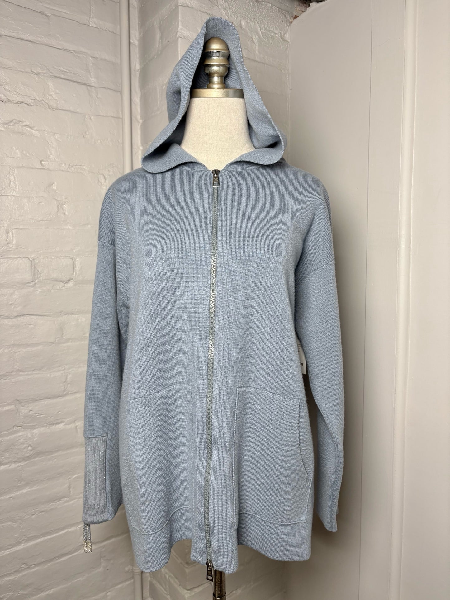Women Size 42 ( 6 US) Panicale Sky Blue Solid Wool Blend Hood Zip Sweater