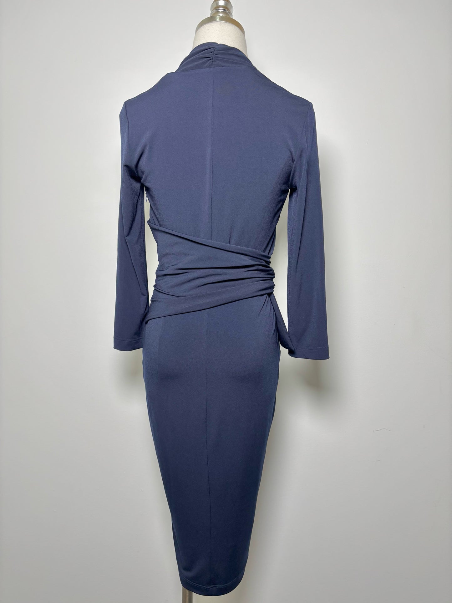 Women Size 6 The Fold London Navy Stretch Knit 3/4 Sleves Sheath Dress