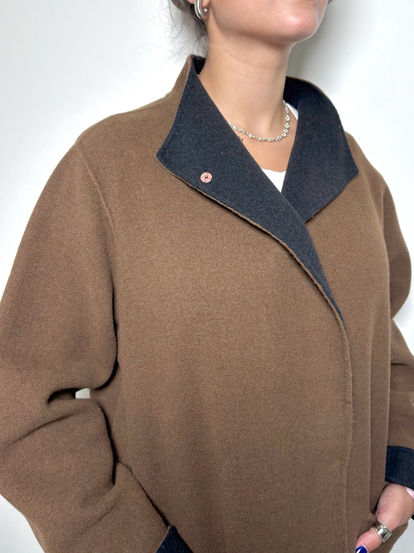 Women Size L Eileen Fisher Brown, Black Solid Coat