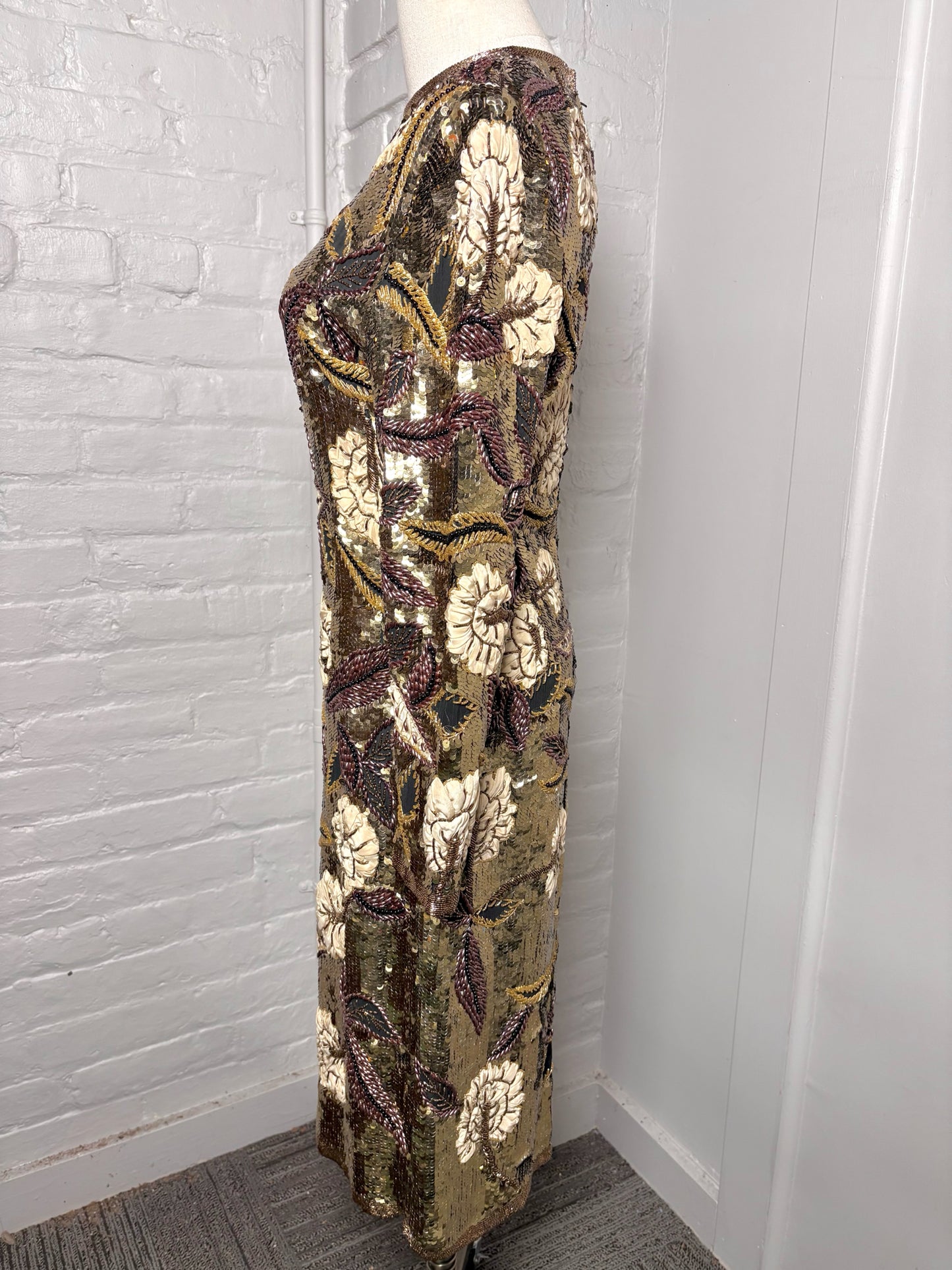 Women Size XS I. Magnin Gold Multi-Beads Vintage Dress