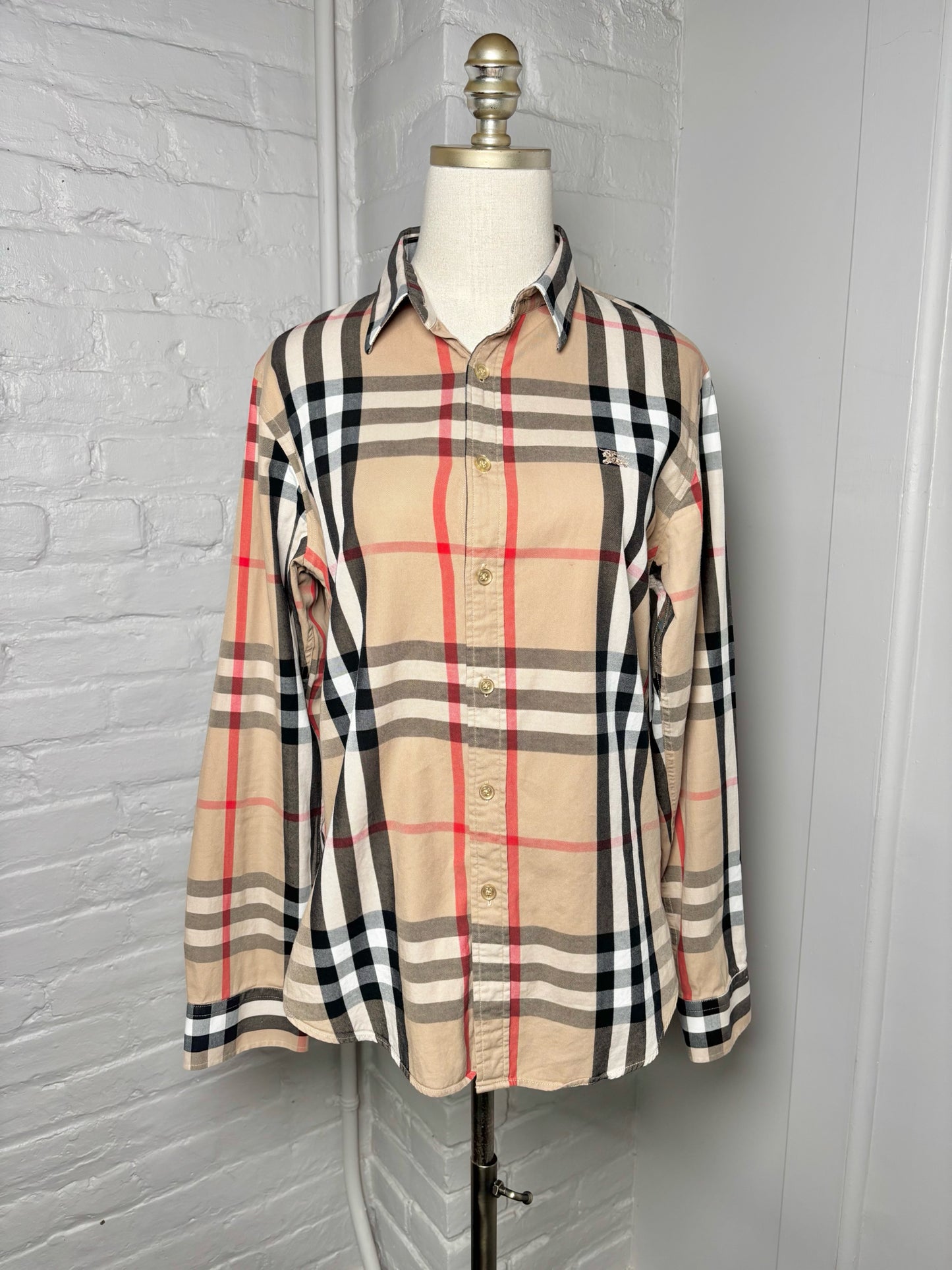 Women Size XL (Fits S) Burberry Khaki, Black, Red, White Check Print Shirt