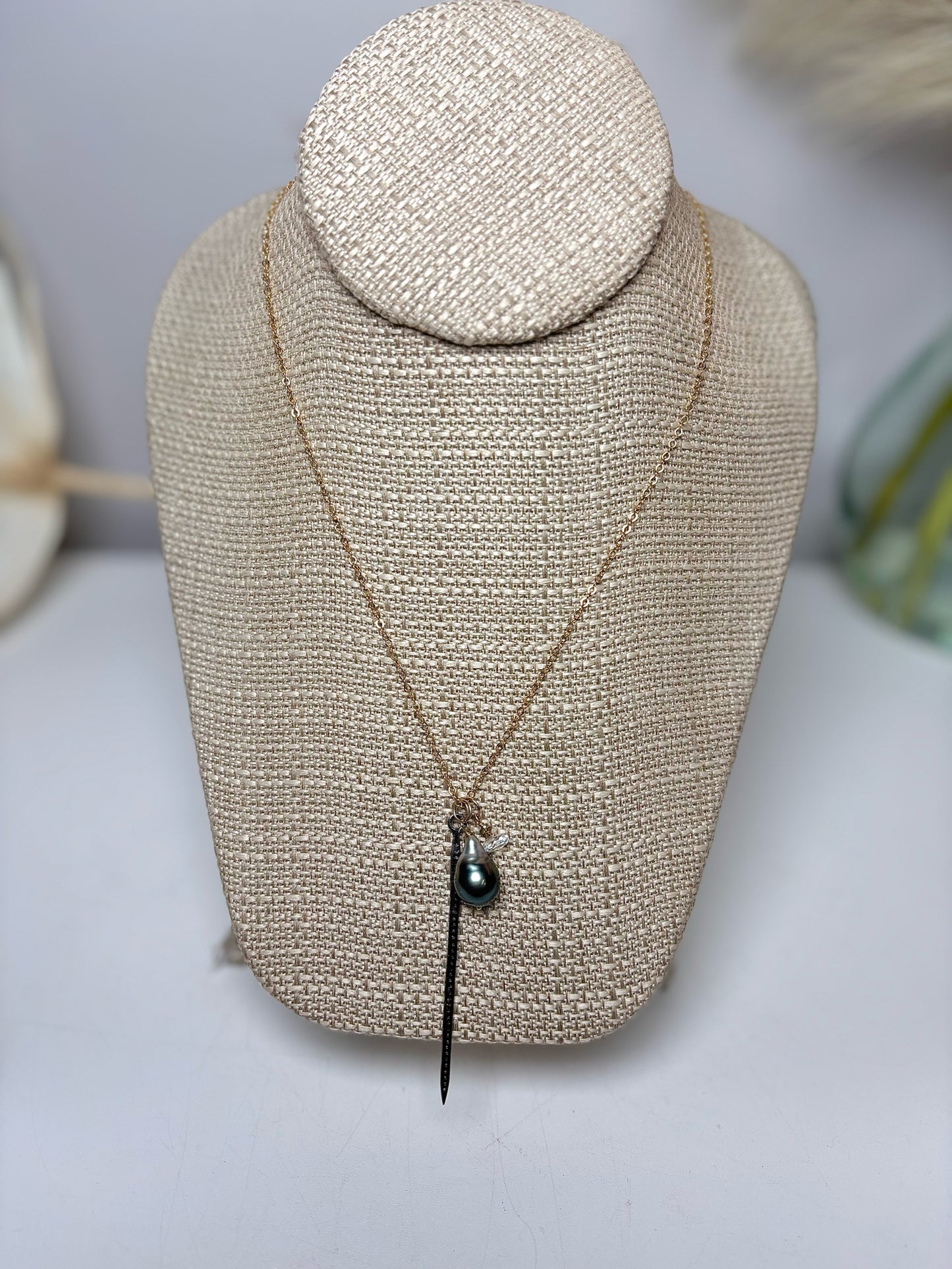 Necklace - Luna Mar Gold Filled w/ Tahtian Pearl, White Topaz & Silver 28"