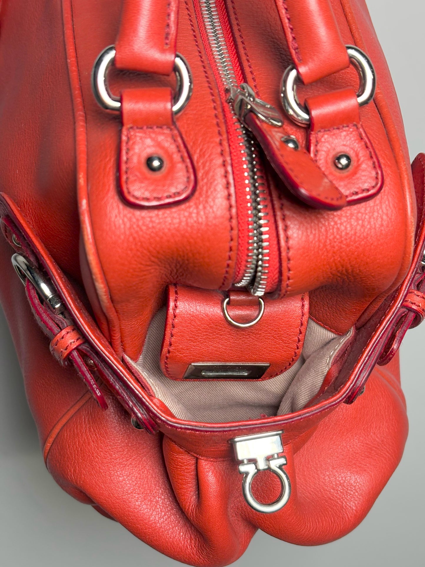 Salvatore Ferragamo Solid Pebble Leather Red Calfskin Medium Purse