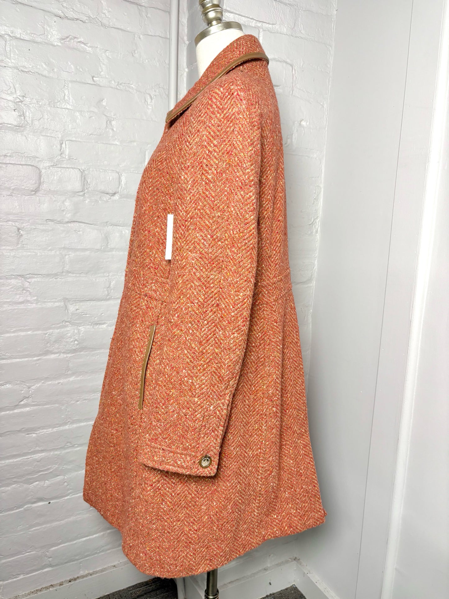 Women Size L Coach Rust Orange Dress Coat w/Leather Trim