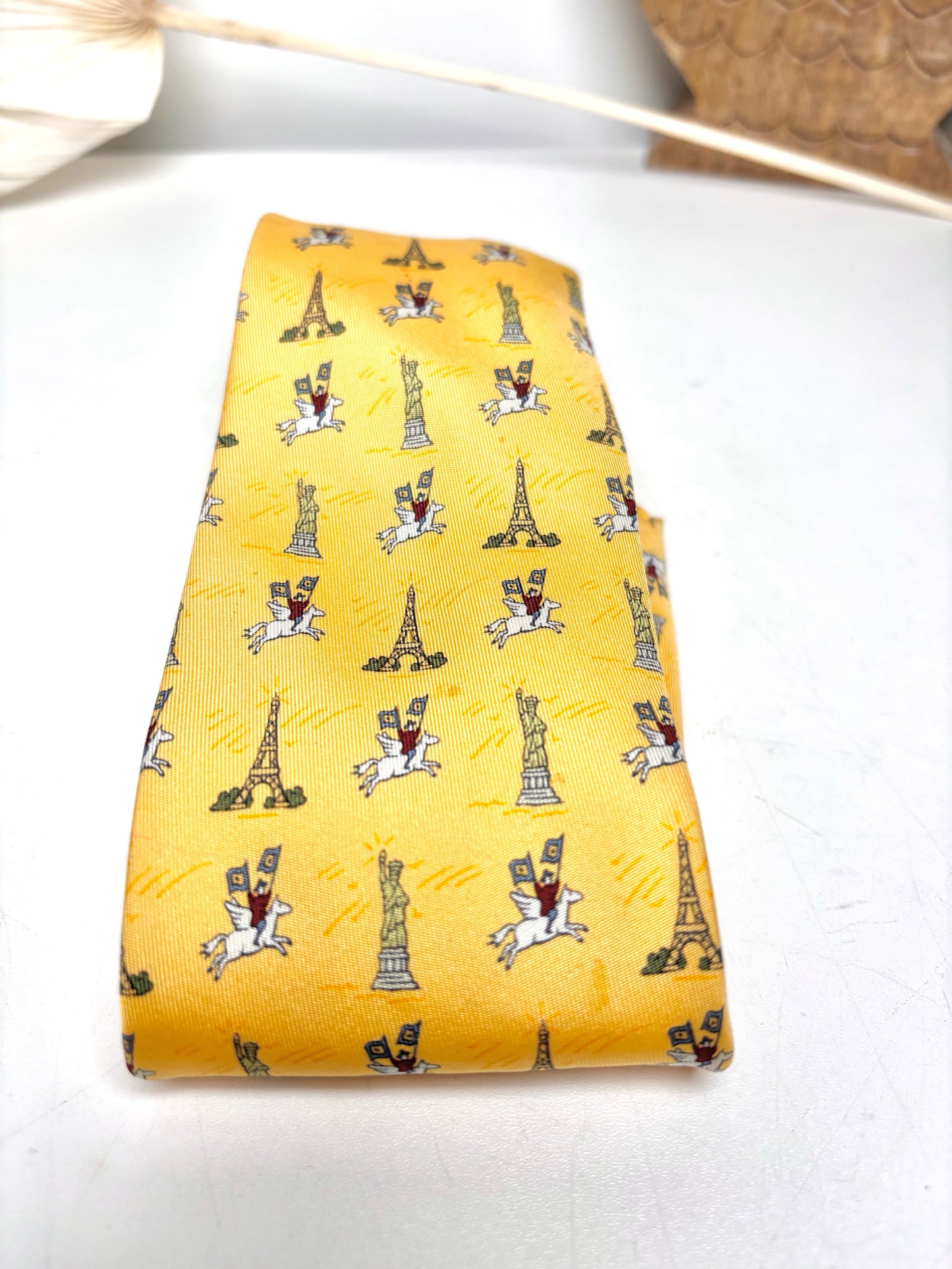 Vintage Hermes Yellow Silk Flying Horse, Eiffel Tower Men's Tie