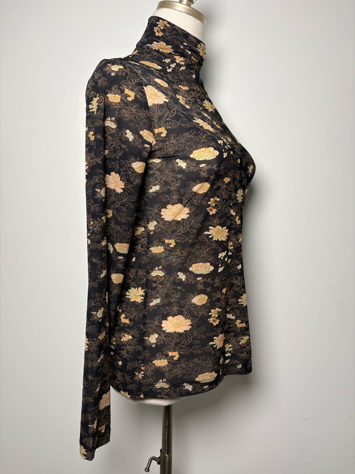 Women Size L Momoni Black, Khaki, Charcoal Floral Print Turtleneck Sheer Shirt