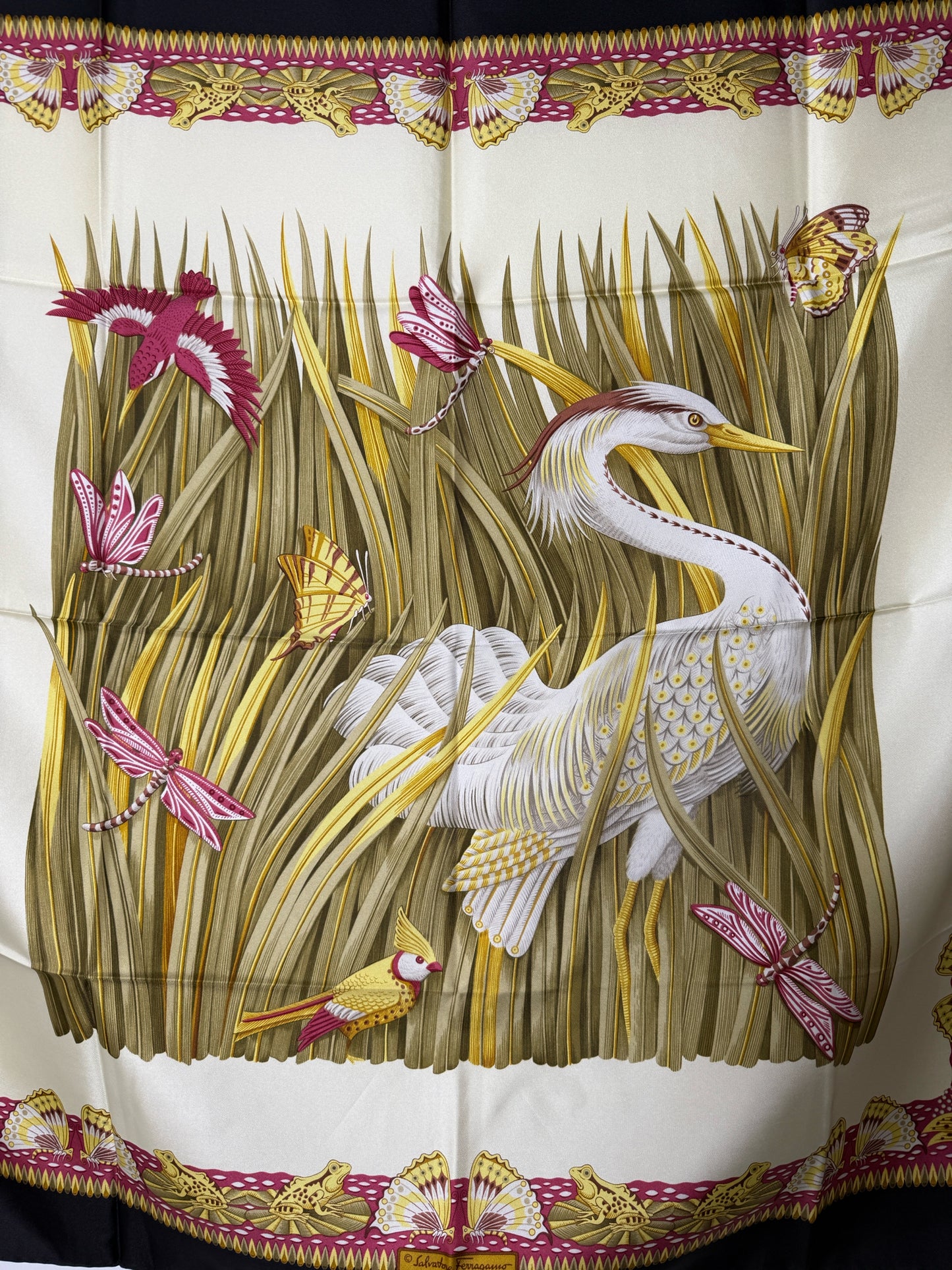 Salvatore Ferragamo Birds, Frogs, Stork, Silk Pre-owned Square Scarf