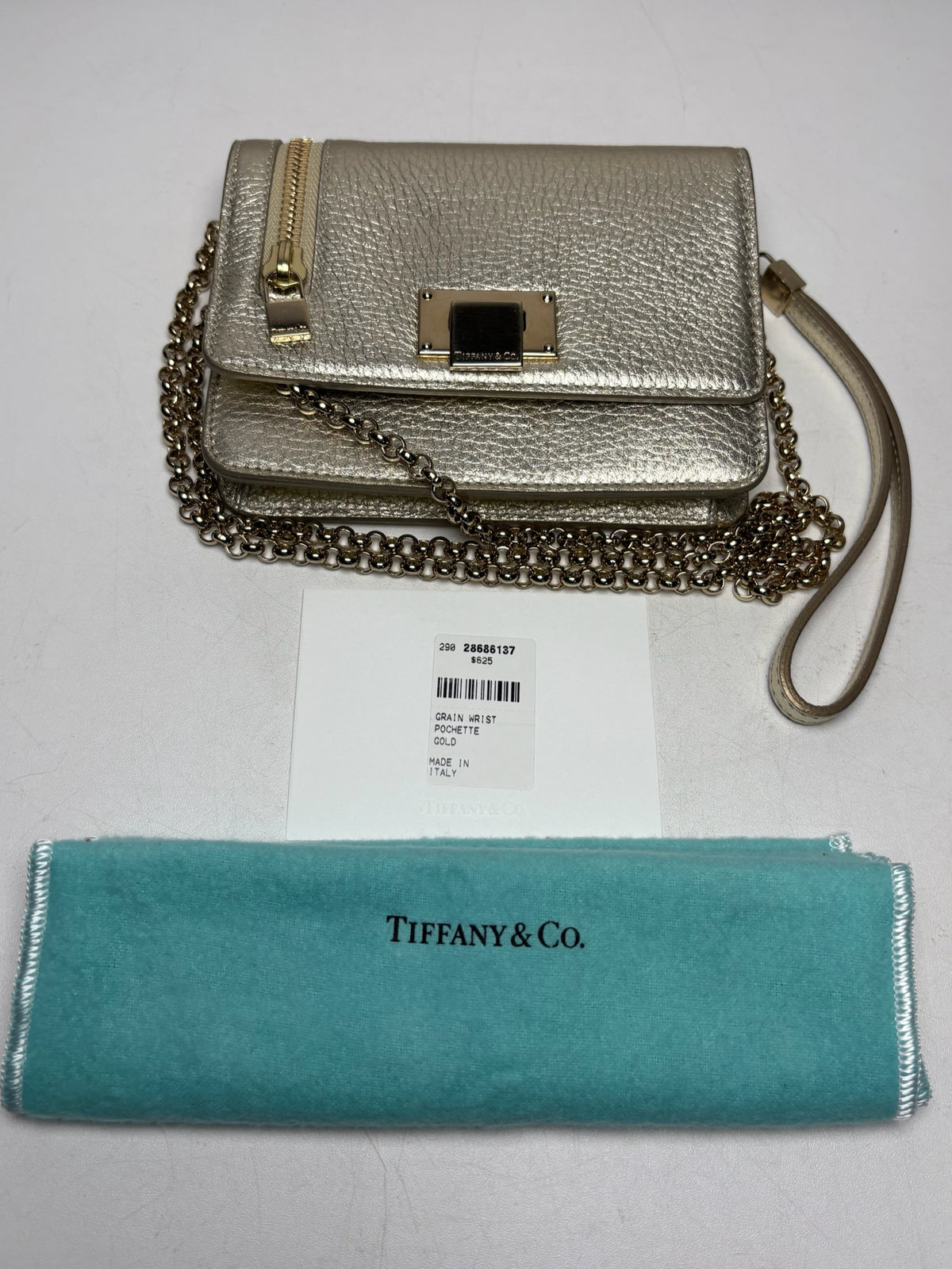 Women's Authentic Tiffany & Co. Metallic Gold Cowhide Leather Pre-Owned Small Crossbody Bag