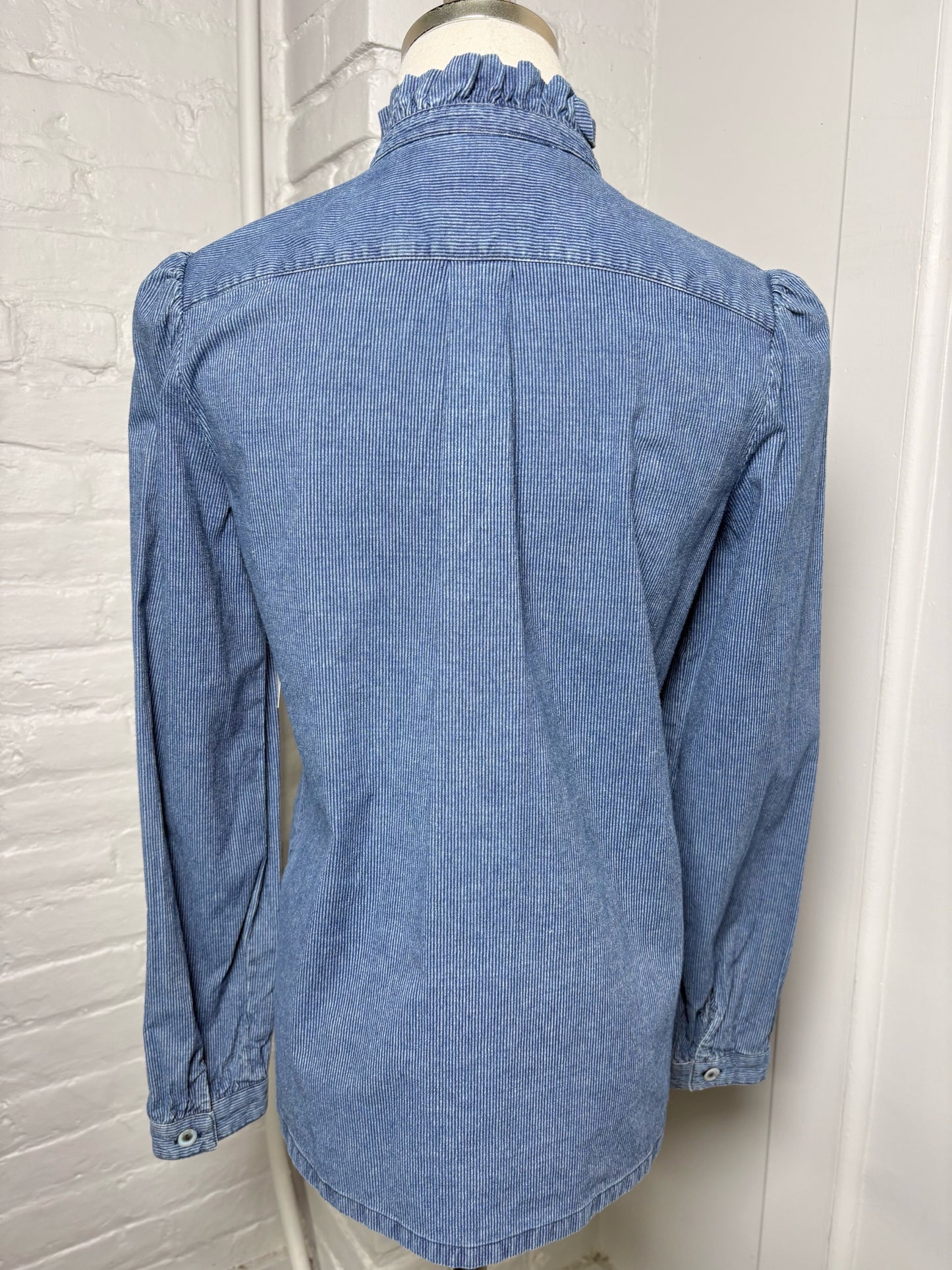 Women Size 34 (2) A.P.C Rue Madame Blue Pinstripe Cotton Ruffle Trim Shirt