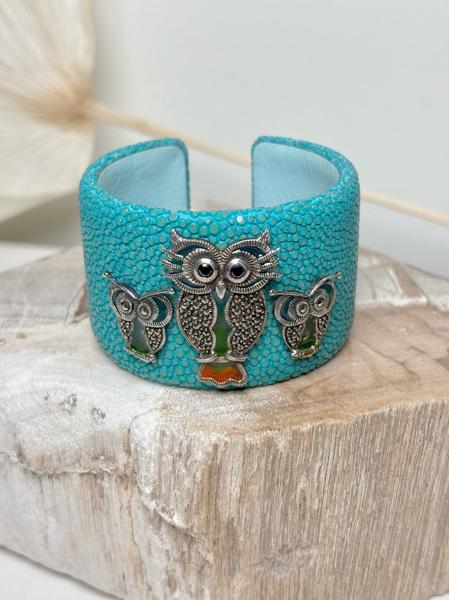 Stingray Leather 3 Owls Marcasite Cuff Bracelet